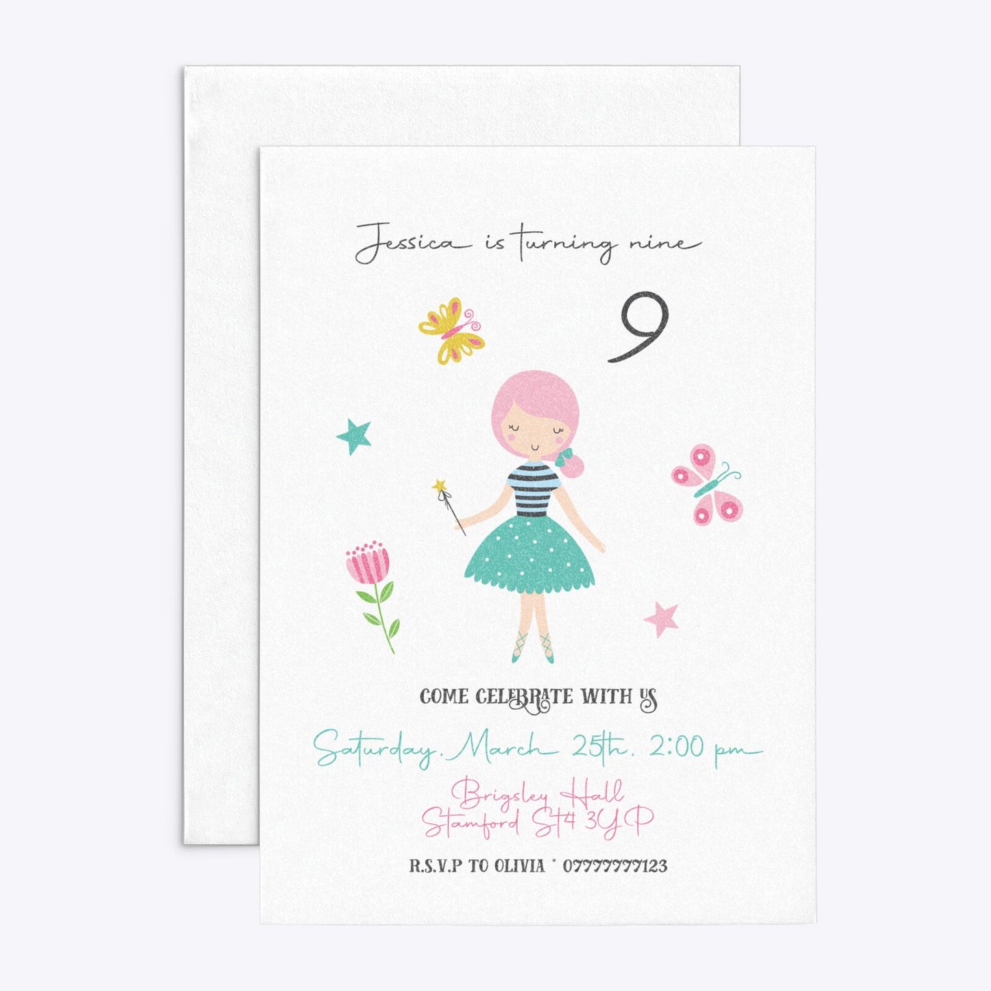 Girls Personalised Birthday Rectangle Invitation Glitter Front and Back Image