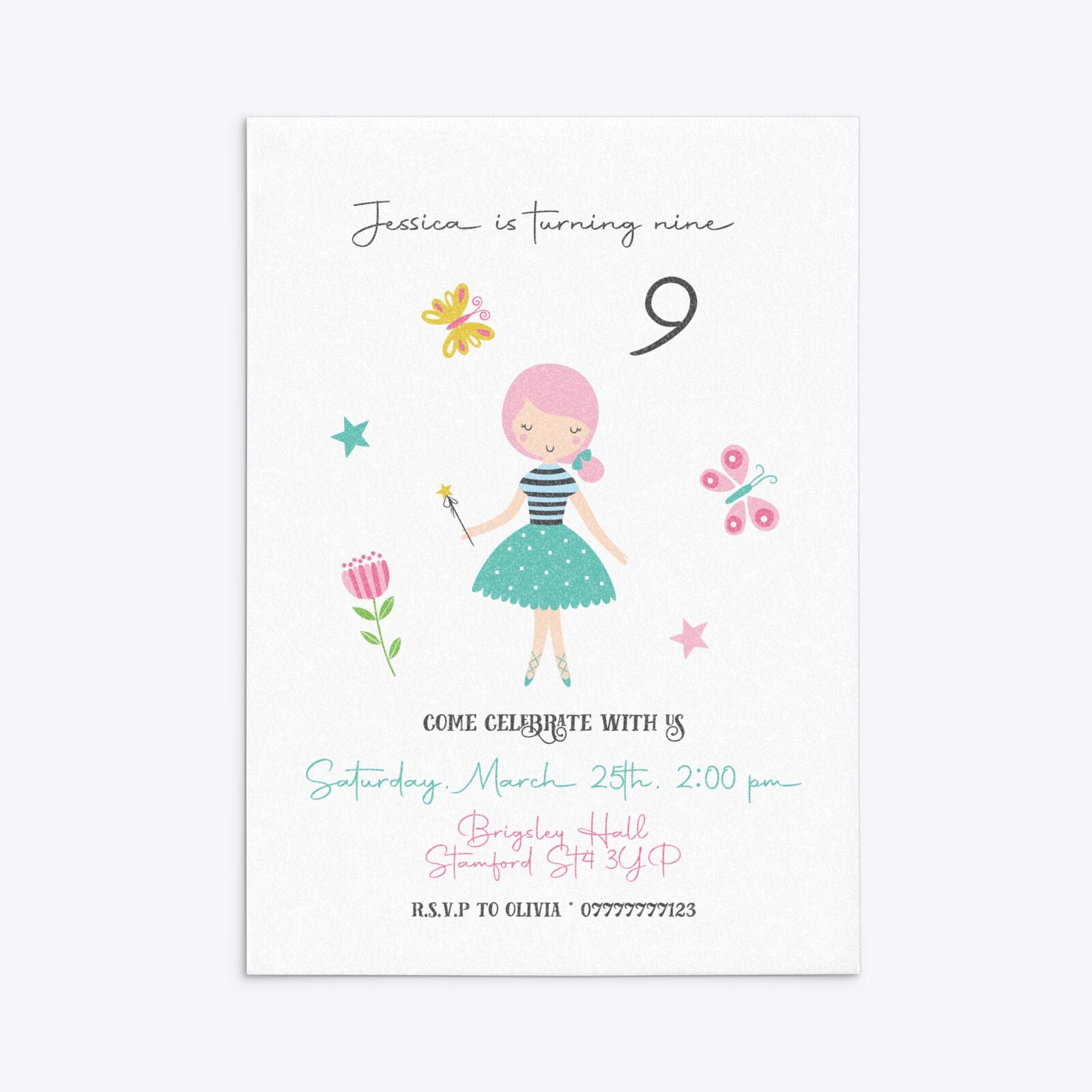 Girls Personalised Birthday Rectangle Invitation Glitter