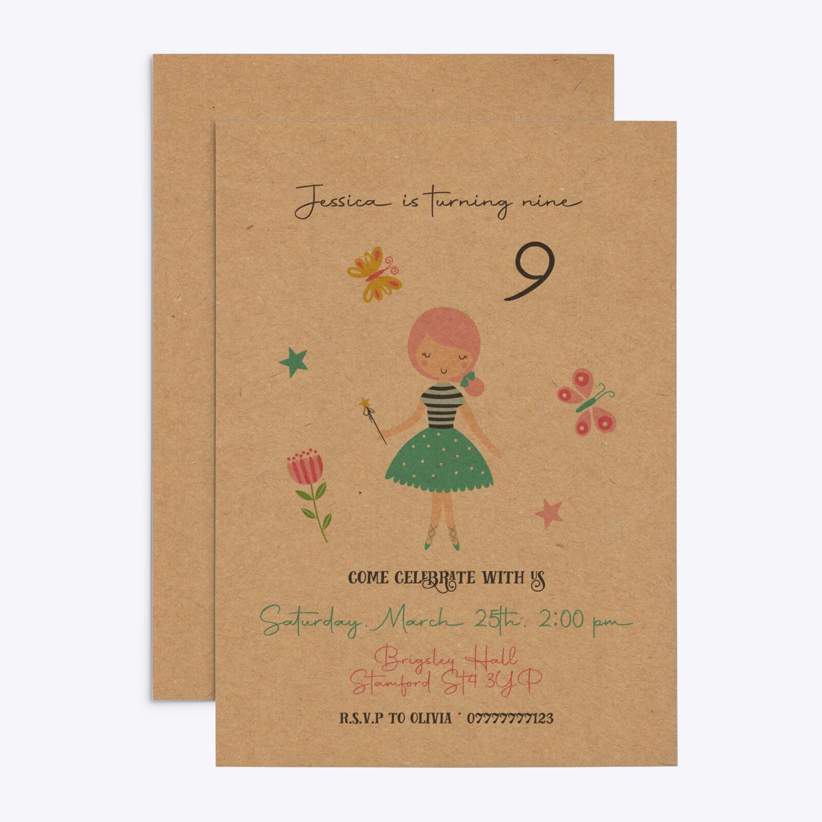 Girls Personalised Birthday Rectangle Invitation Kraft Front and Back Image