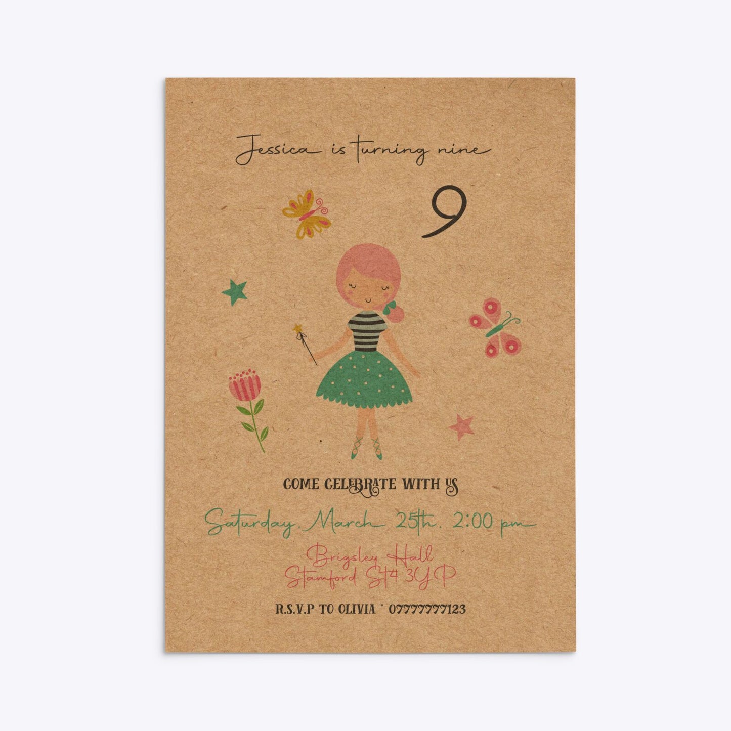 Girls Personalised Birthday Rectangle Invitation Kraft