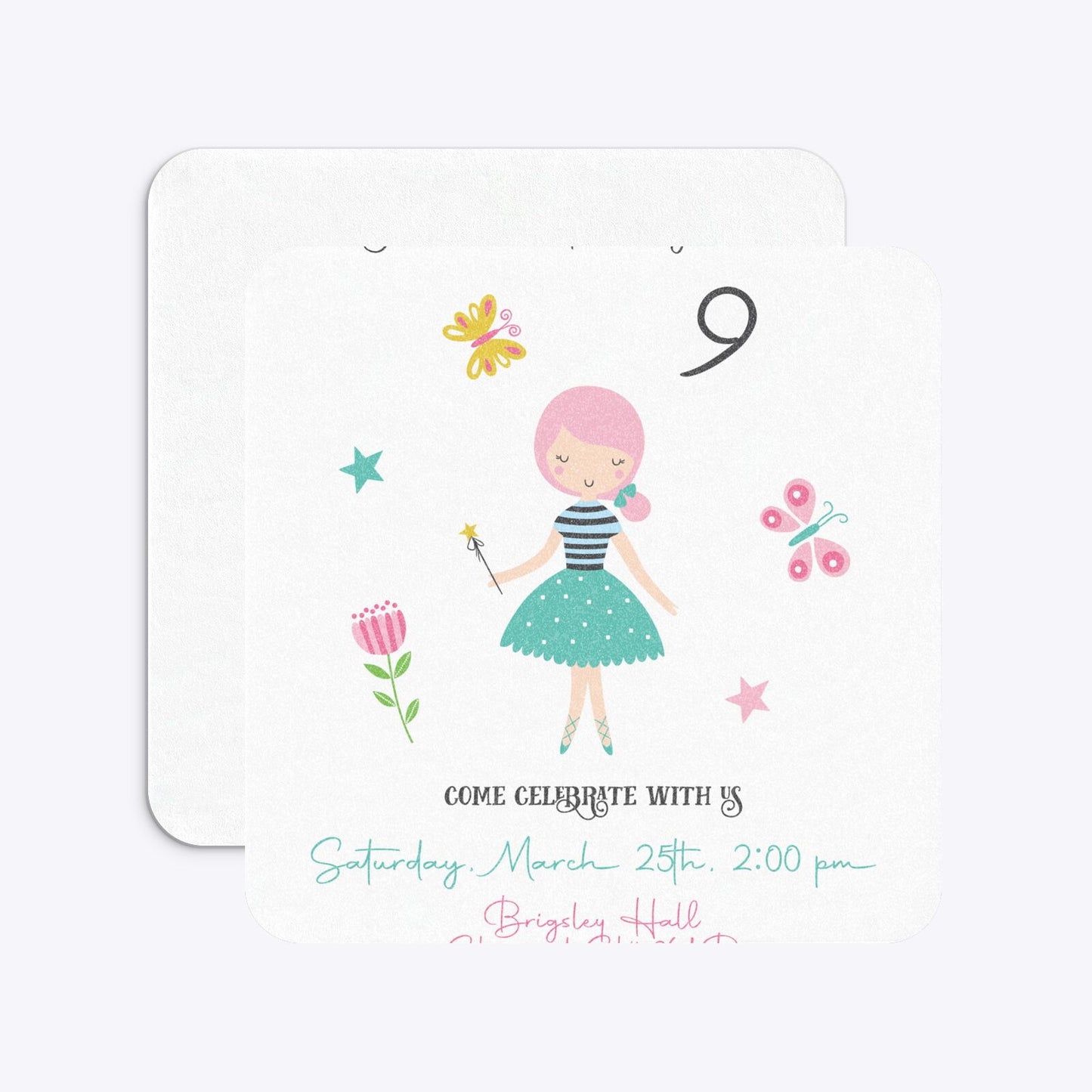 Girls Personalised Birthday Rounded 5 25x5 25 Invitation Glitter Front and Back Image