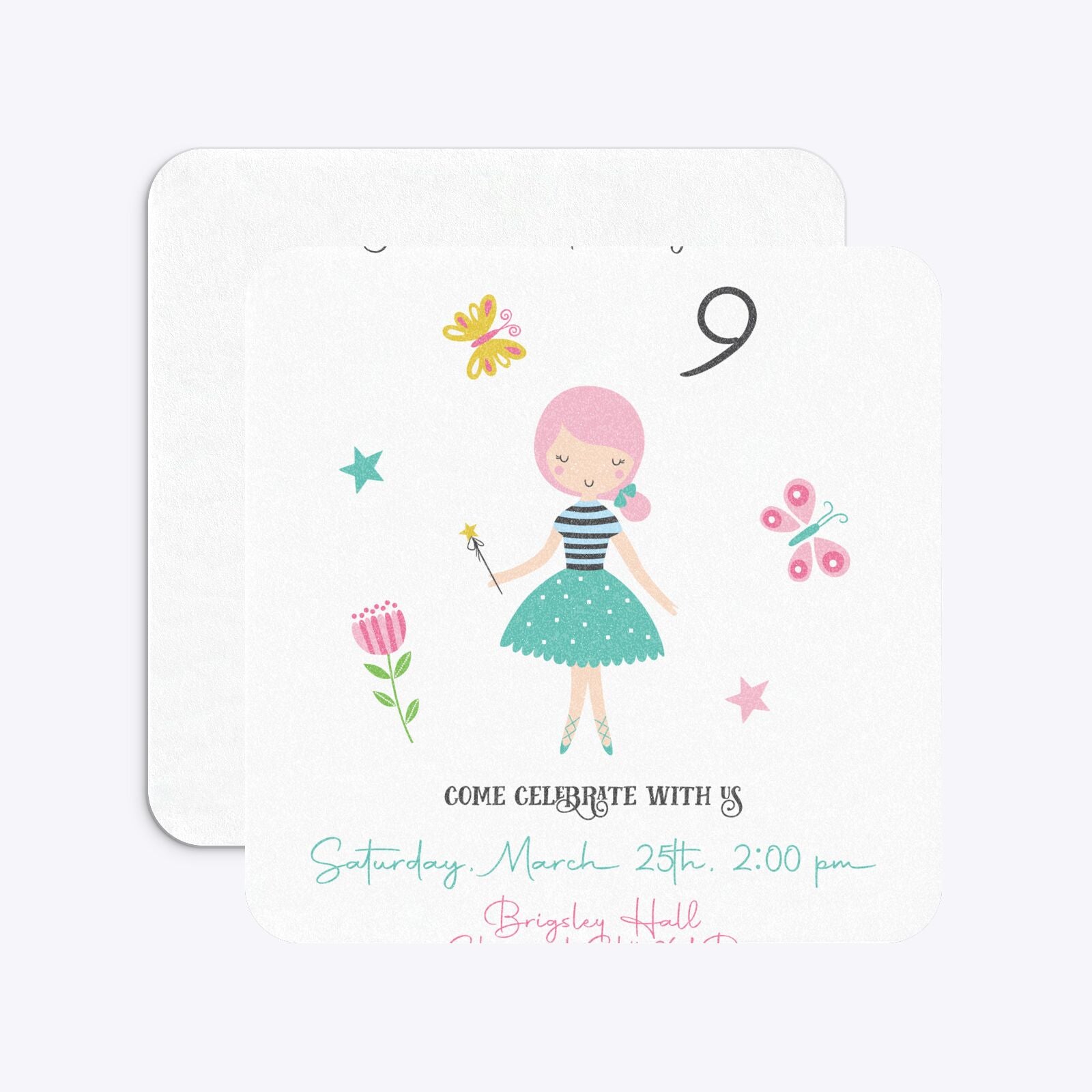 Girls Personalised Birthday Rounded 5 25x5 25 Invitation Glitter Front and Back Image