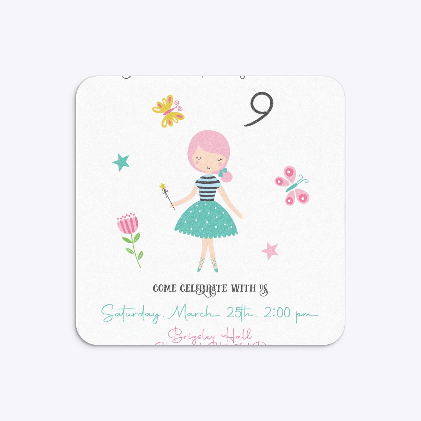 Girls Personalised Birthday Rounded 5 25x5 25 Invitation Glitter