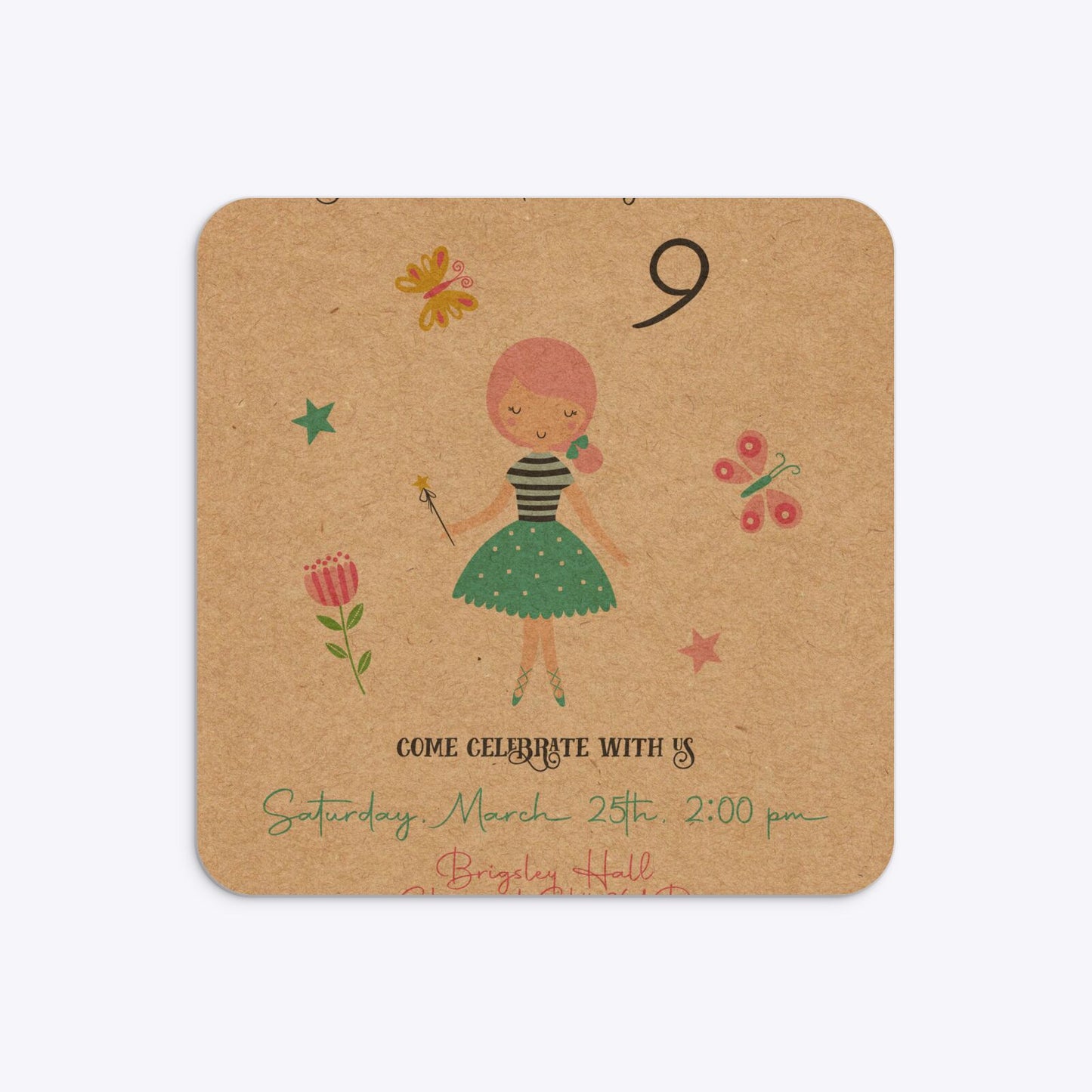 Girls Personalised Birthday Rounded 5 25x5 25 Invitation Kraft