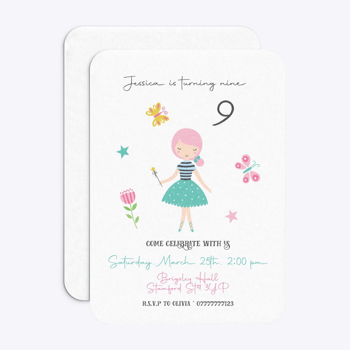 Girls Personalised Birthday Rounded Invitation Glitter Front and Back Image