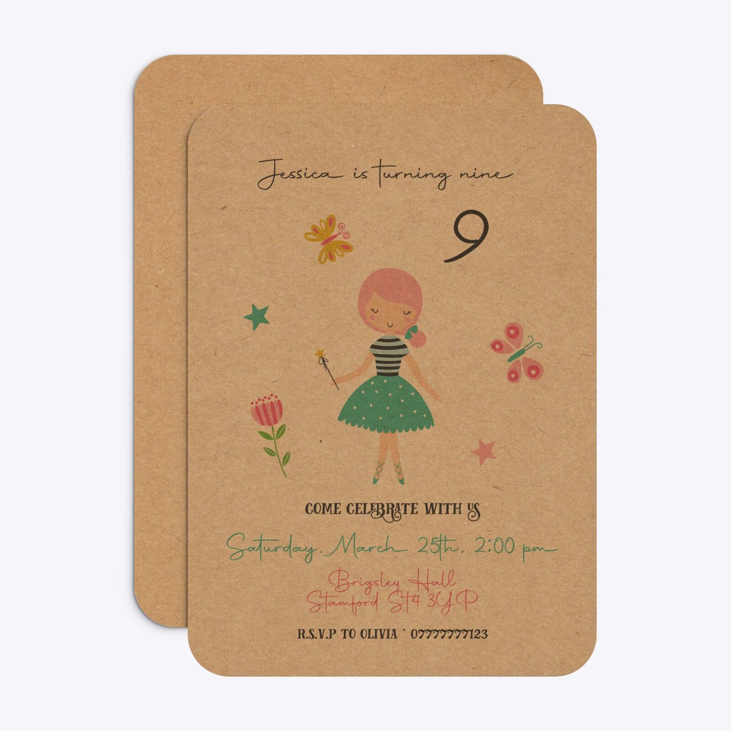 Girls Personalised Birthday Rounded Invitation Kraft Front and Back Image