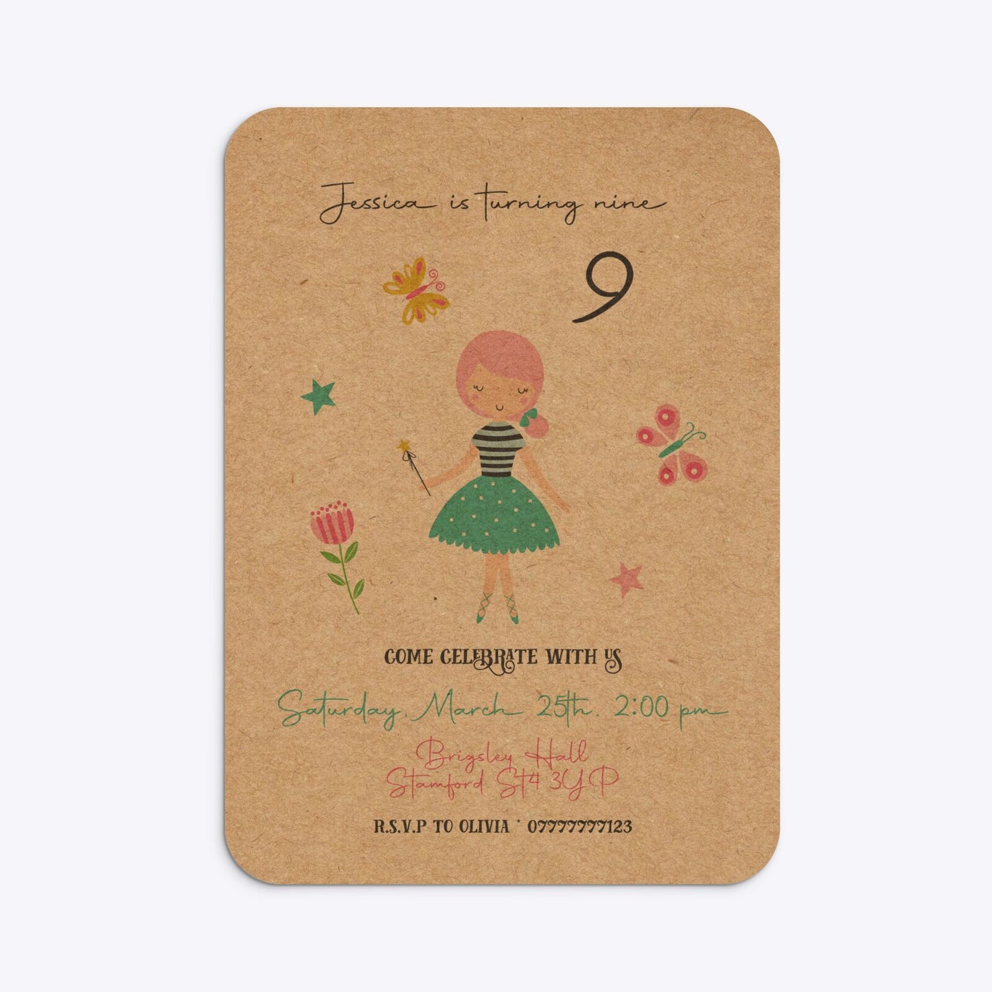 Girls Personalised Birthday Rounded Invitation Kraft