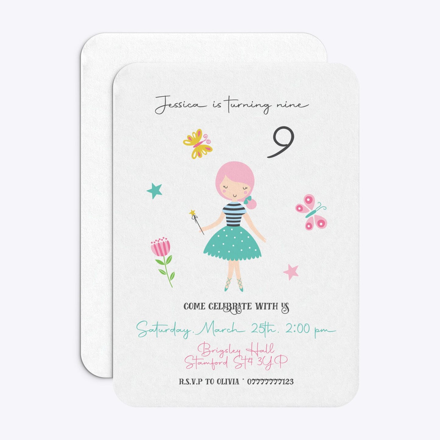 Girls Personalised Birthday Rounded Invitation Matte Paper Front and Back Image