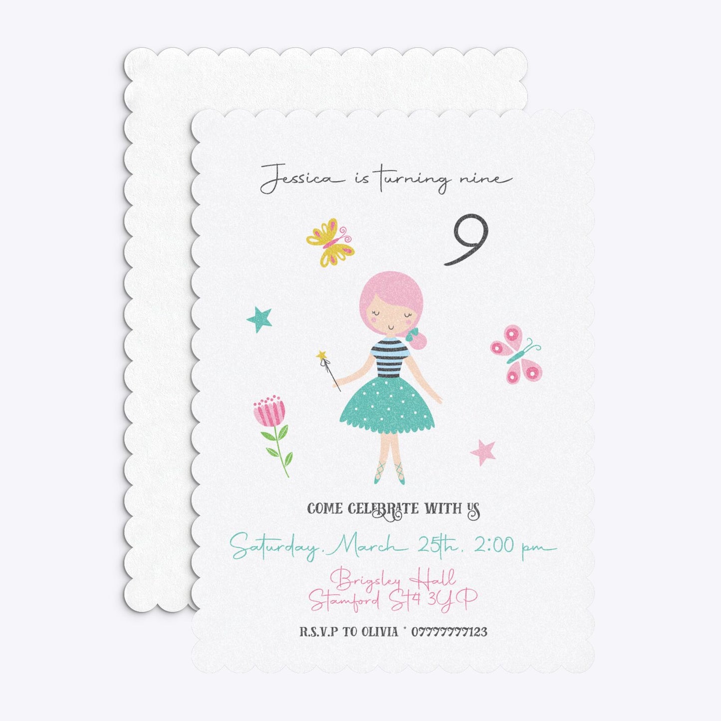 Girls Personalised Birthday Scalloped Invitation Glitter Front and Back Image