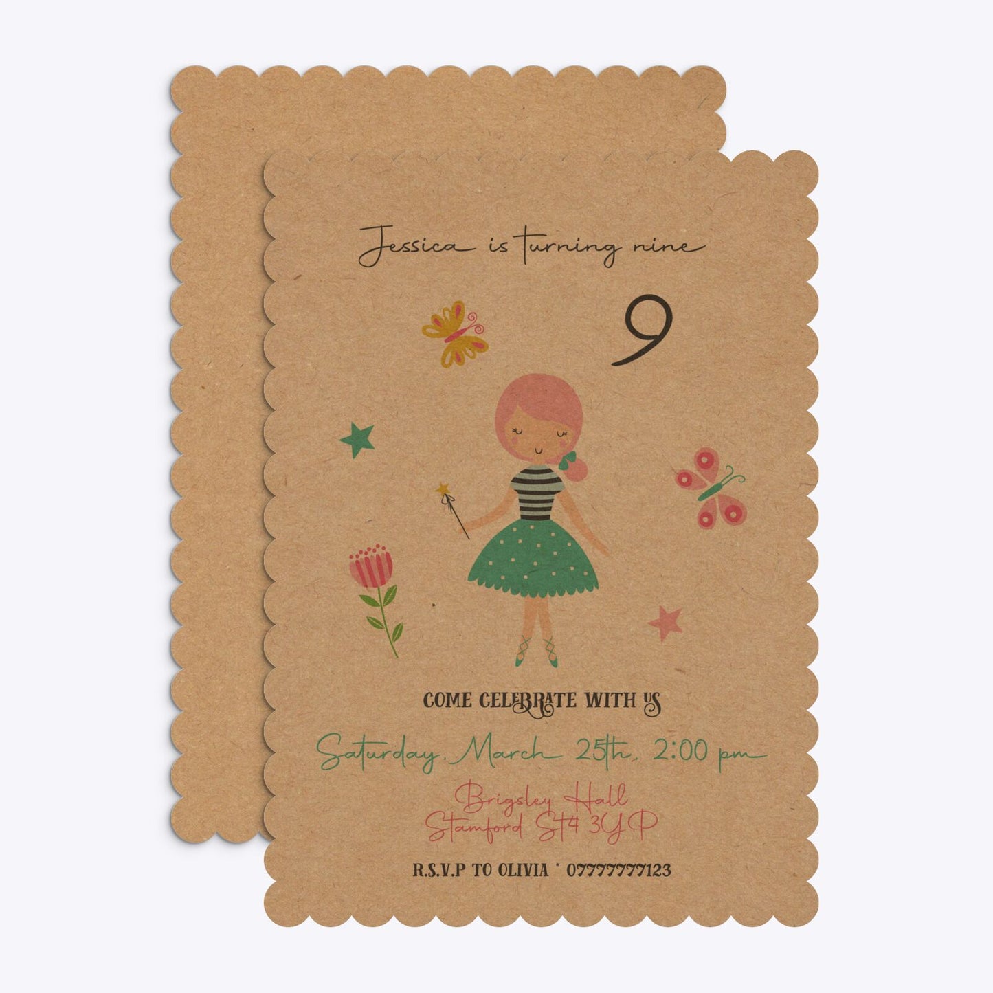 Girls Personalised Birthday Scalloped Invitation Kraft Front and Back Image