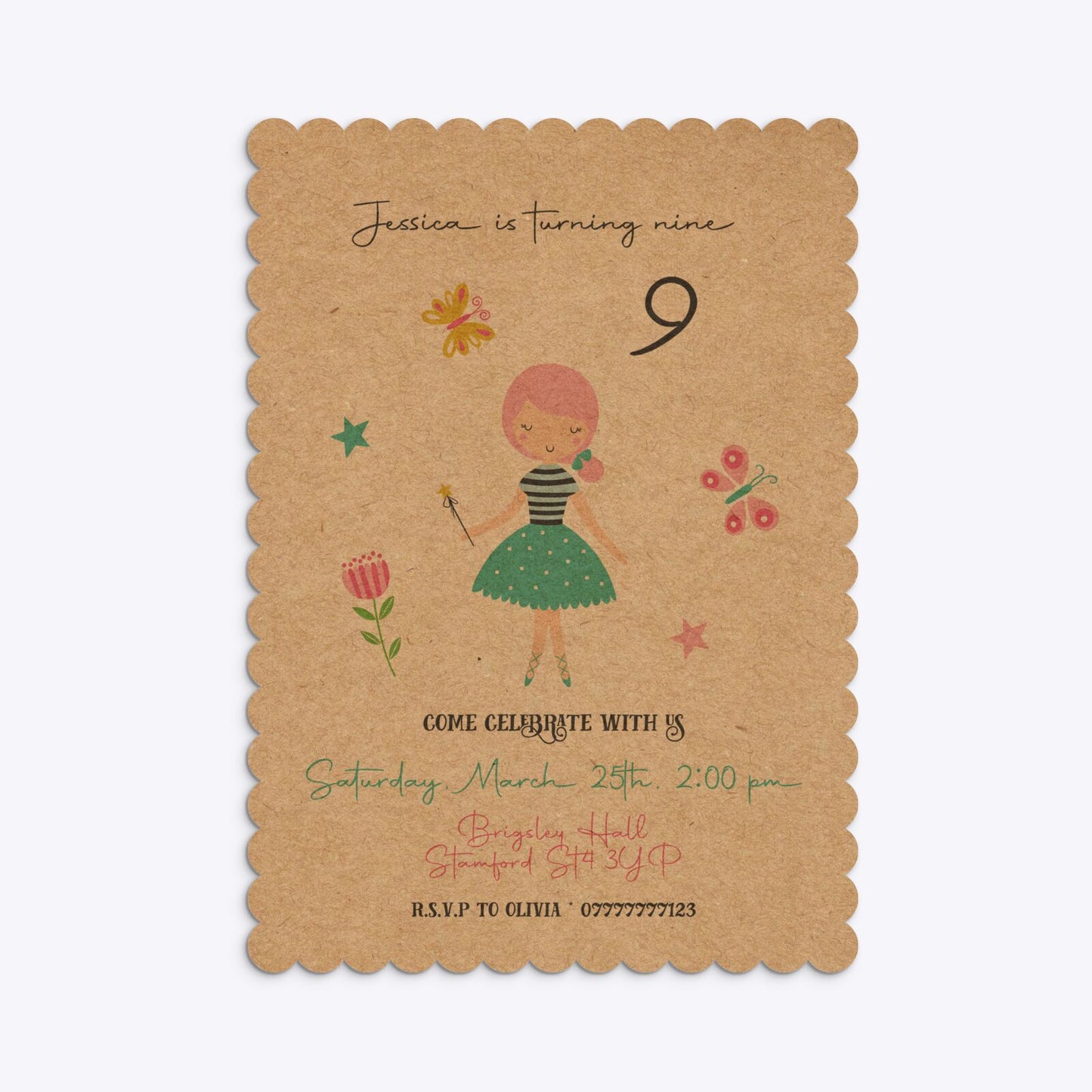 Girls Personalised Birthday Scalloped Invitation Kraft