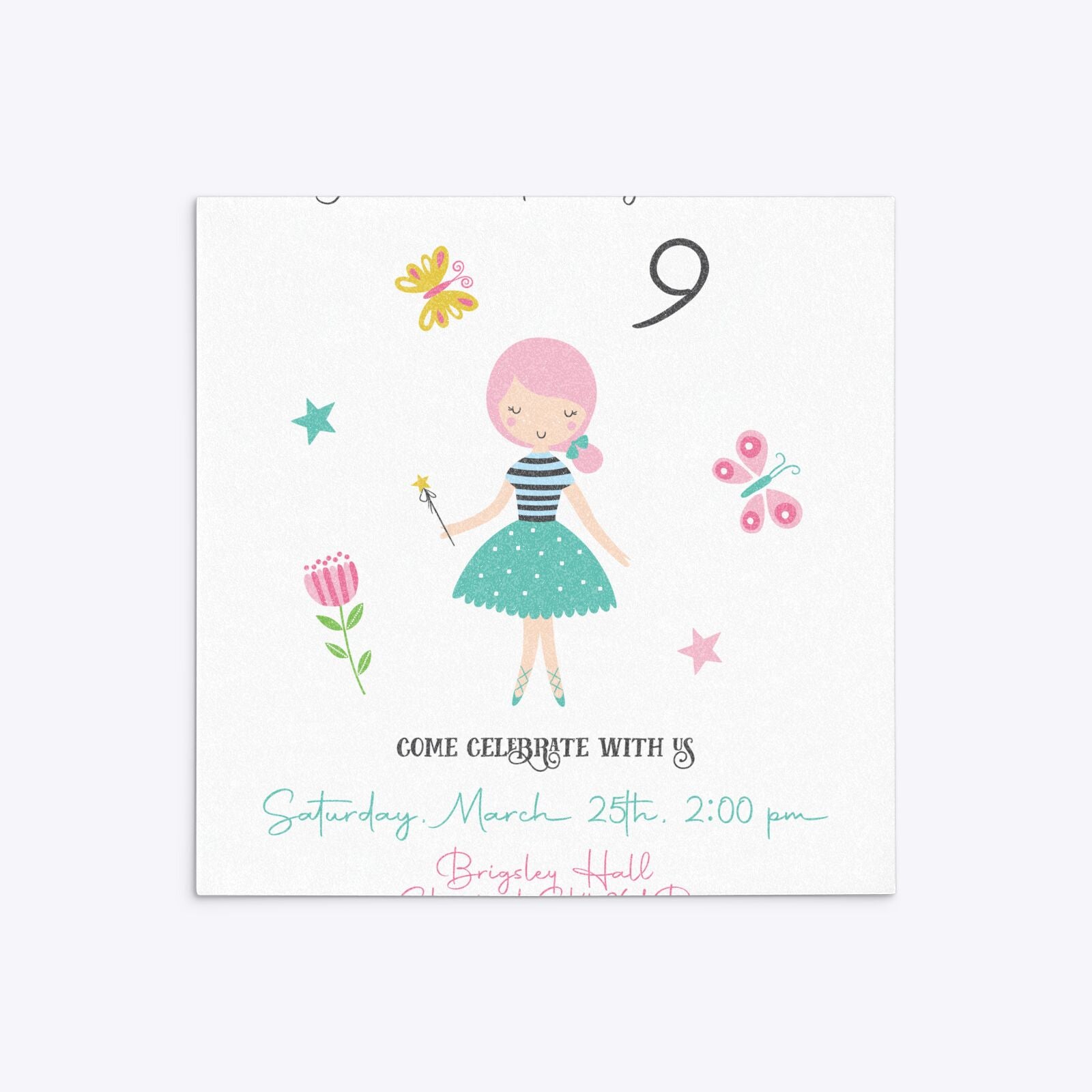 Girls Personalised Birthday Square 5 25x5 25 Invitation Glitter