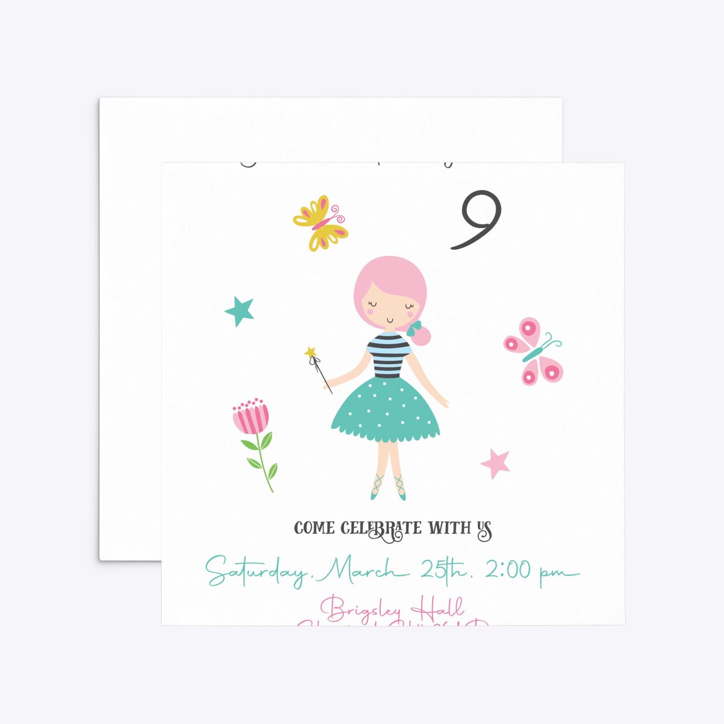 Girls Personalised Birthday Square 5 25x5 25 Invitation Matte Paper Front and Back Image