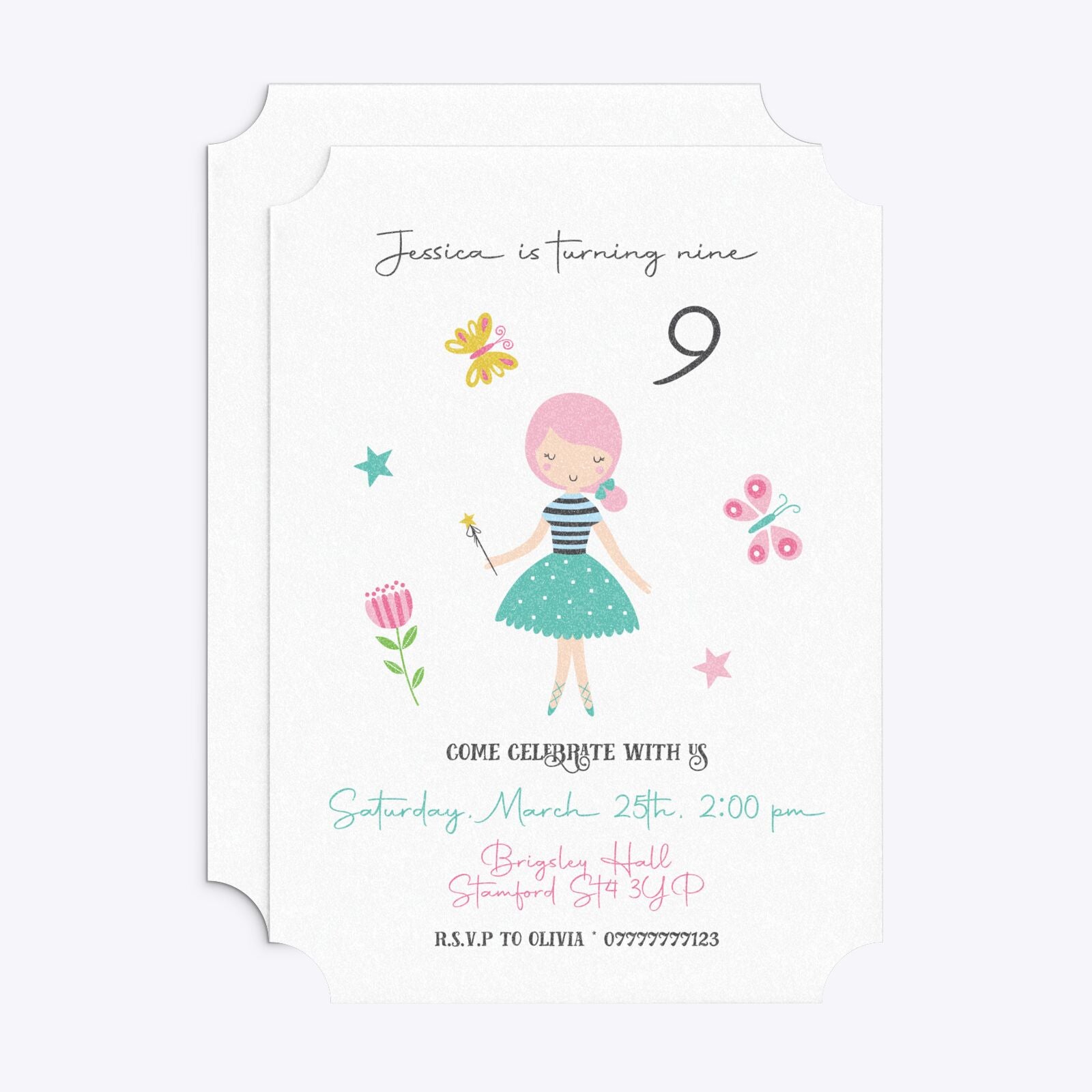 Girls Personalised Birthday Ticket Invitation Glitter Front and Back Image