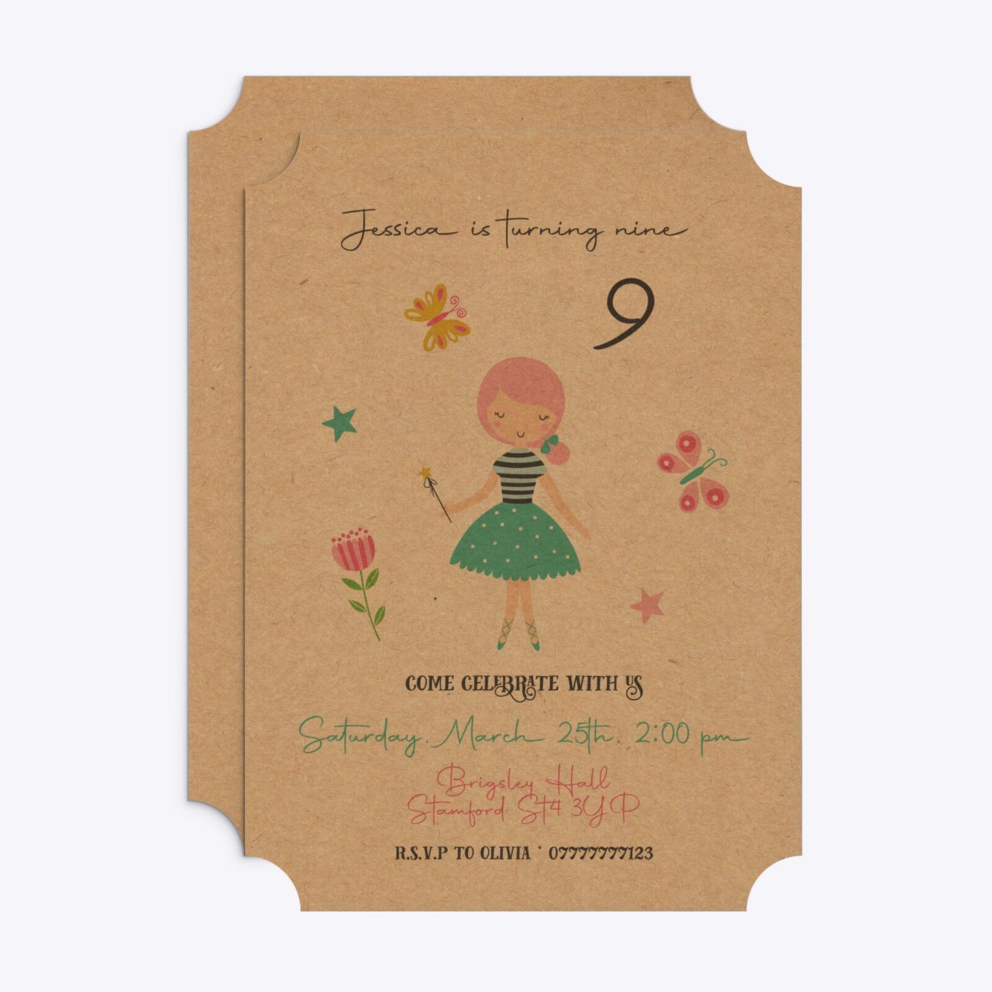 Girls Personalised Birthday Ticket Invitation Kraft Front and Back Image