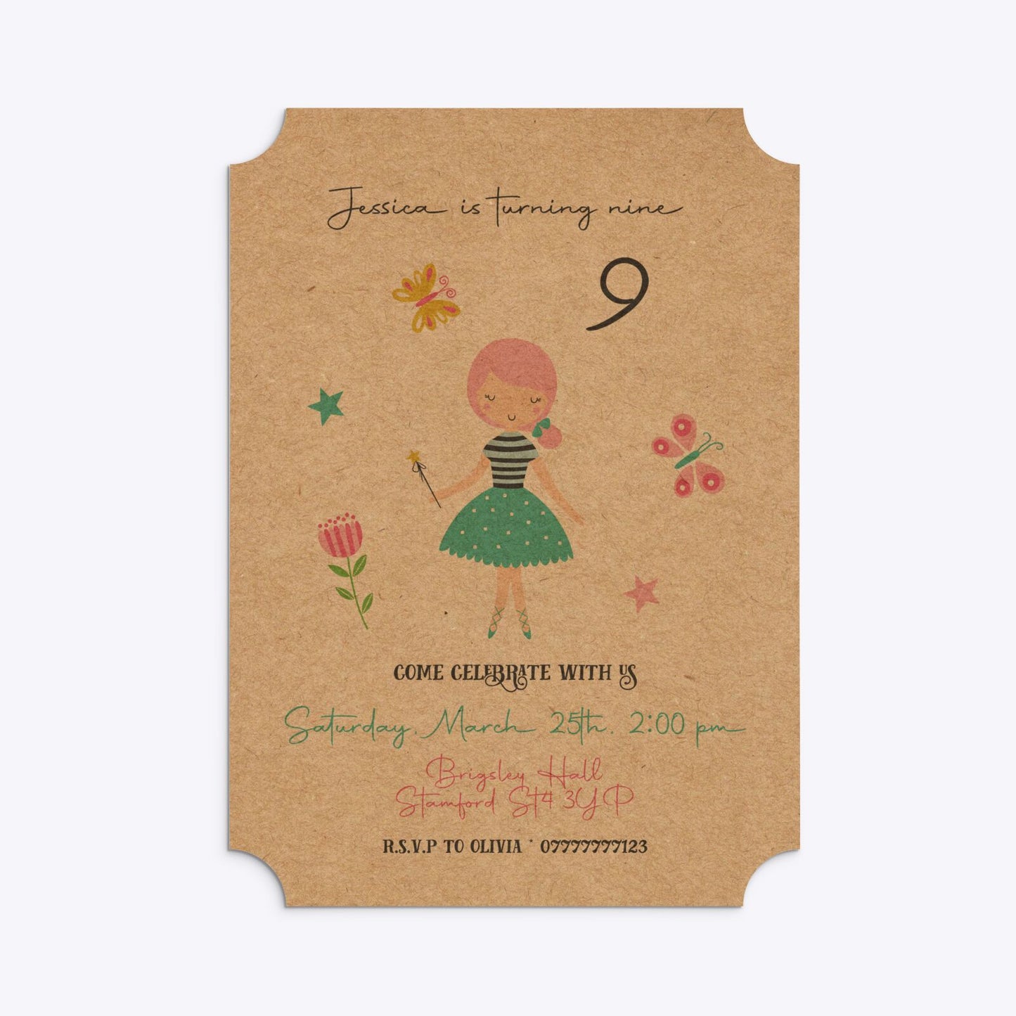 Girls Personalised Birthday Ticket Invitation Kraft