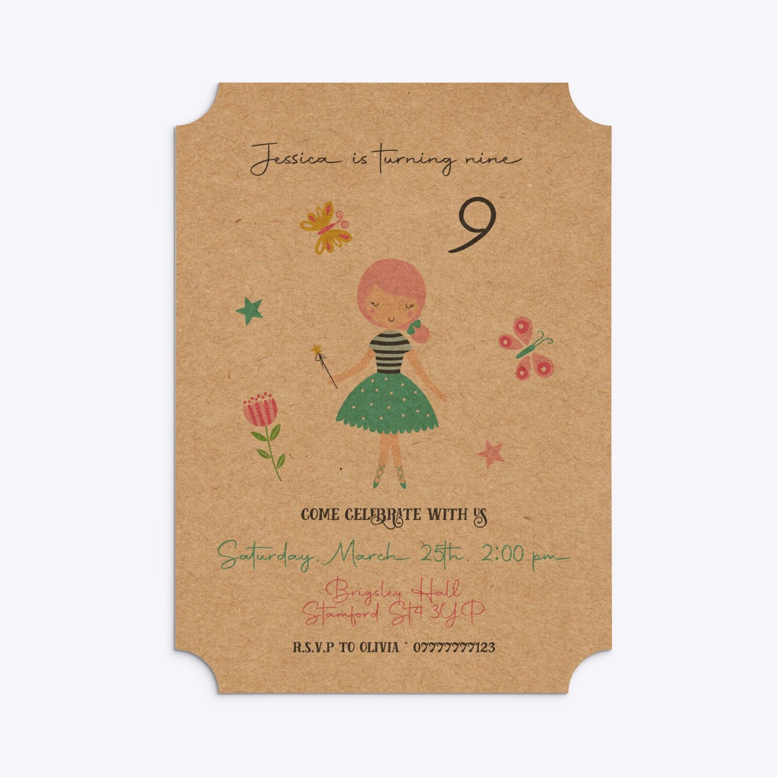 Girls Personalised Birthday Ticket Invitation Kraft