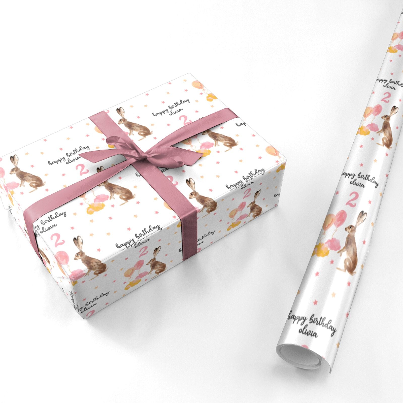 Girls Personalised Hare Happy Birthday Personalised Wrapping Paper