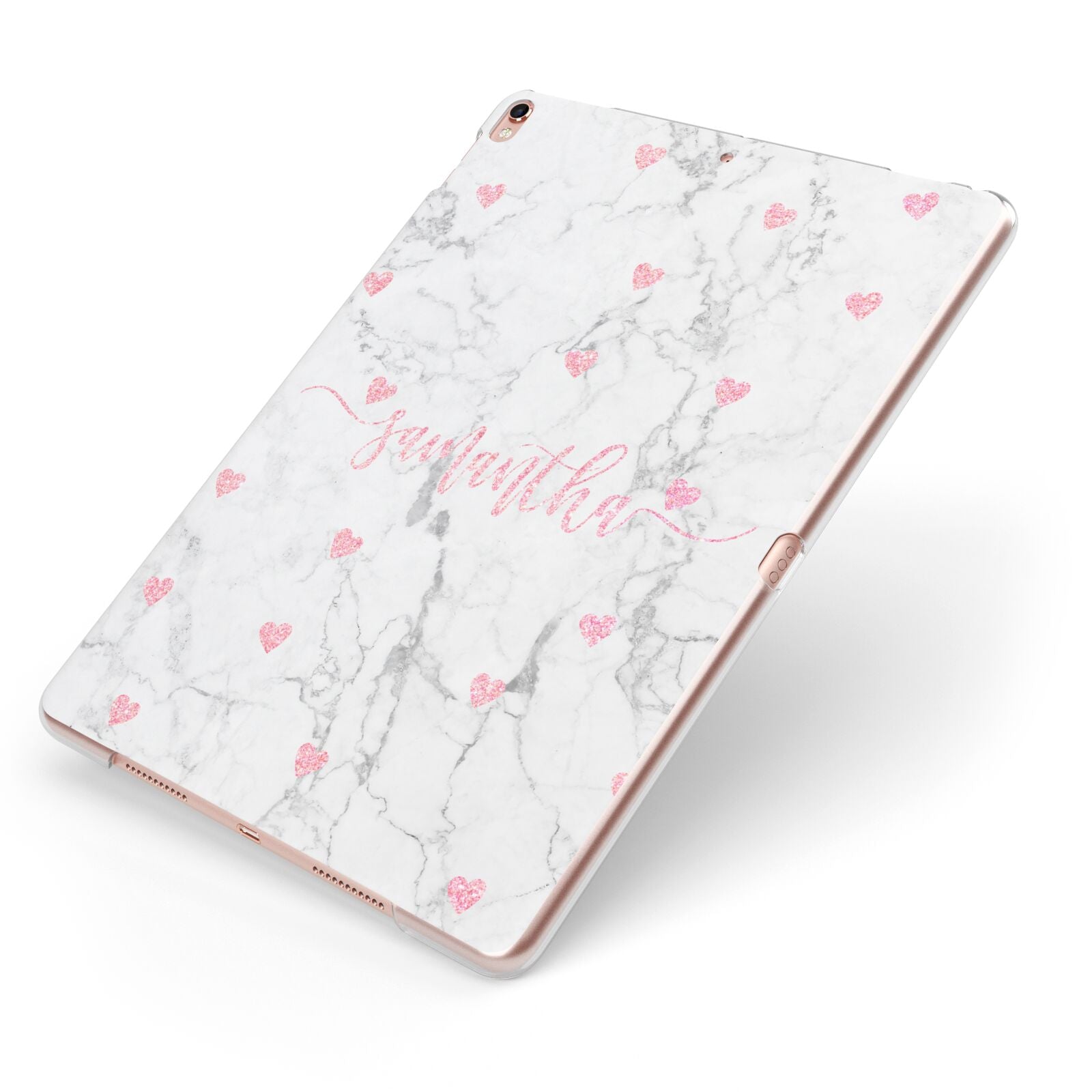 Glitter Hearts Marble Personalised Name Apple iPad Case on Rose Gold iPad Side View