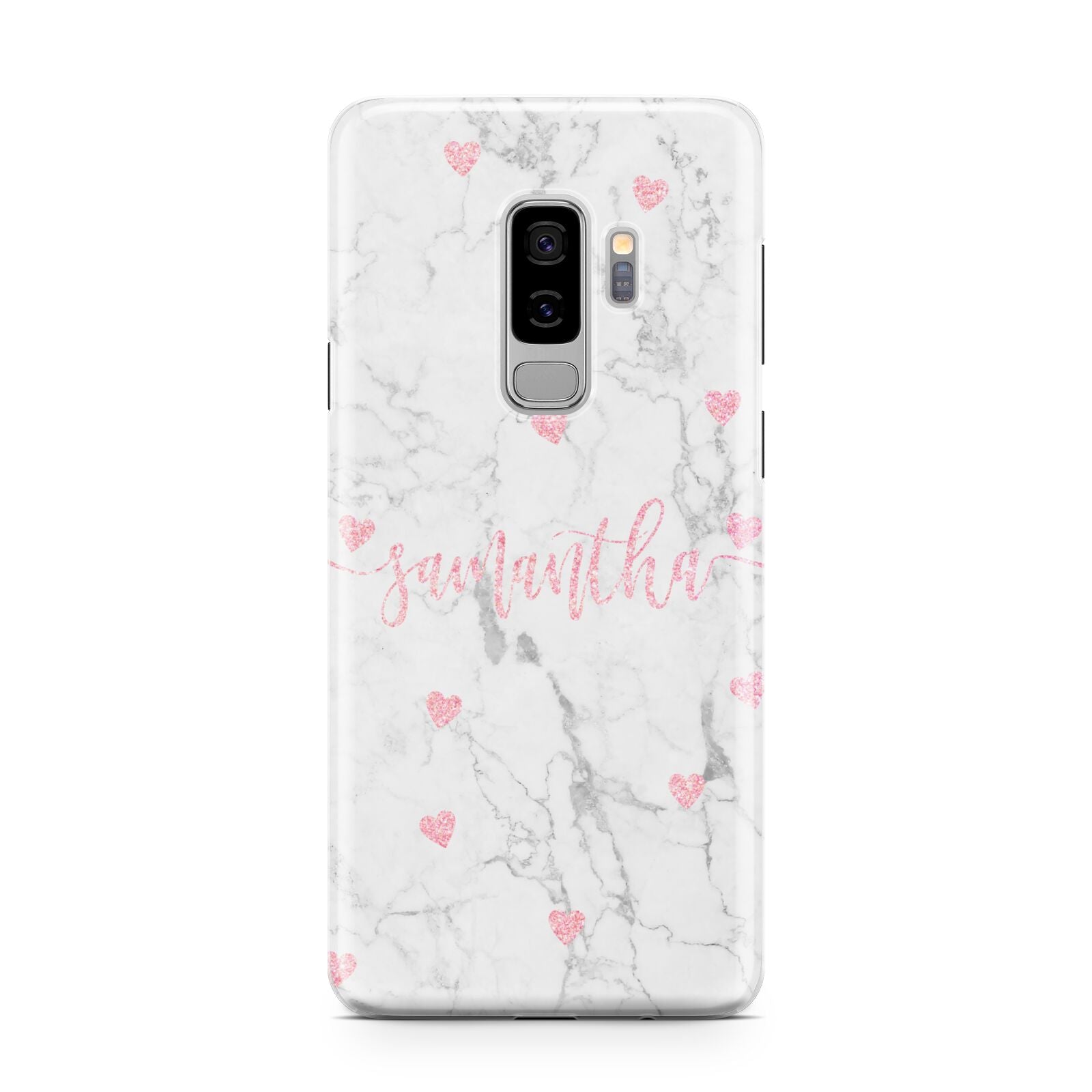 Glitter Hearts Marble Personalised Name Samsung Galaxy S9 Plus Case on Silver phone