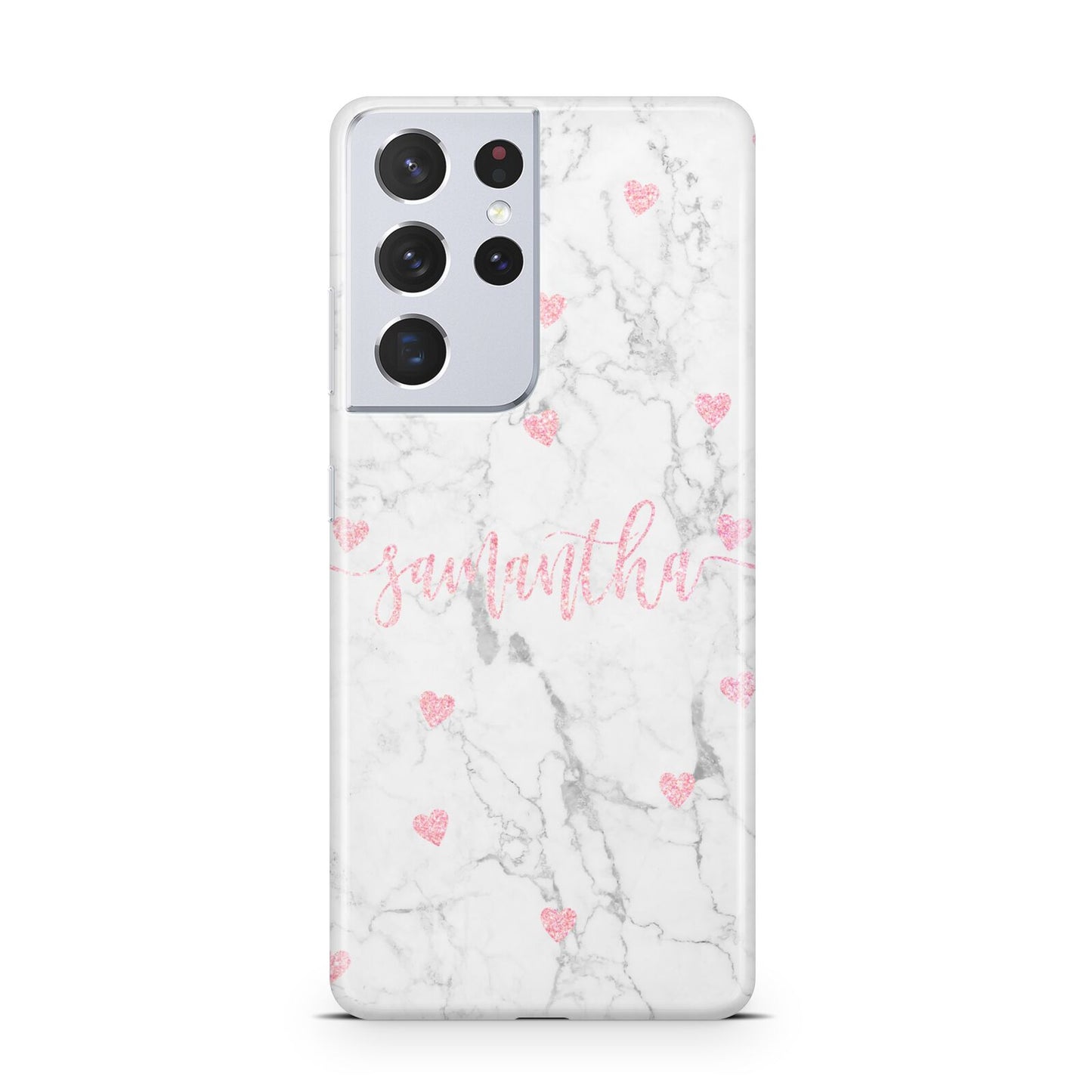 Glitter Hearts Marble Personalised Name Samsung S21 Ultra Case