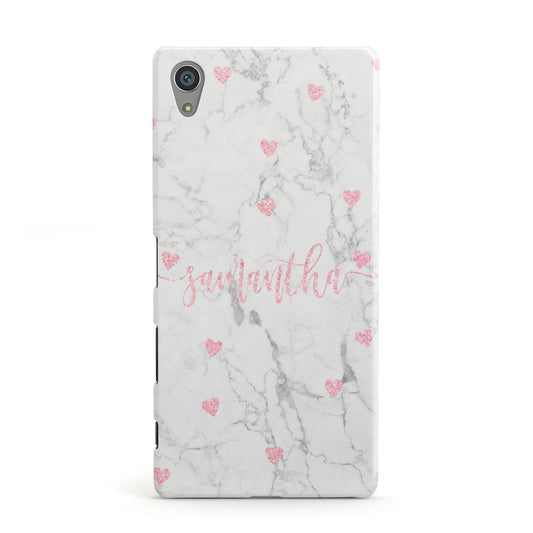 Glitter Hearts Marble Personalised Name Sony Xperia Case