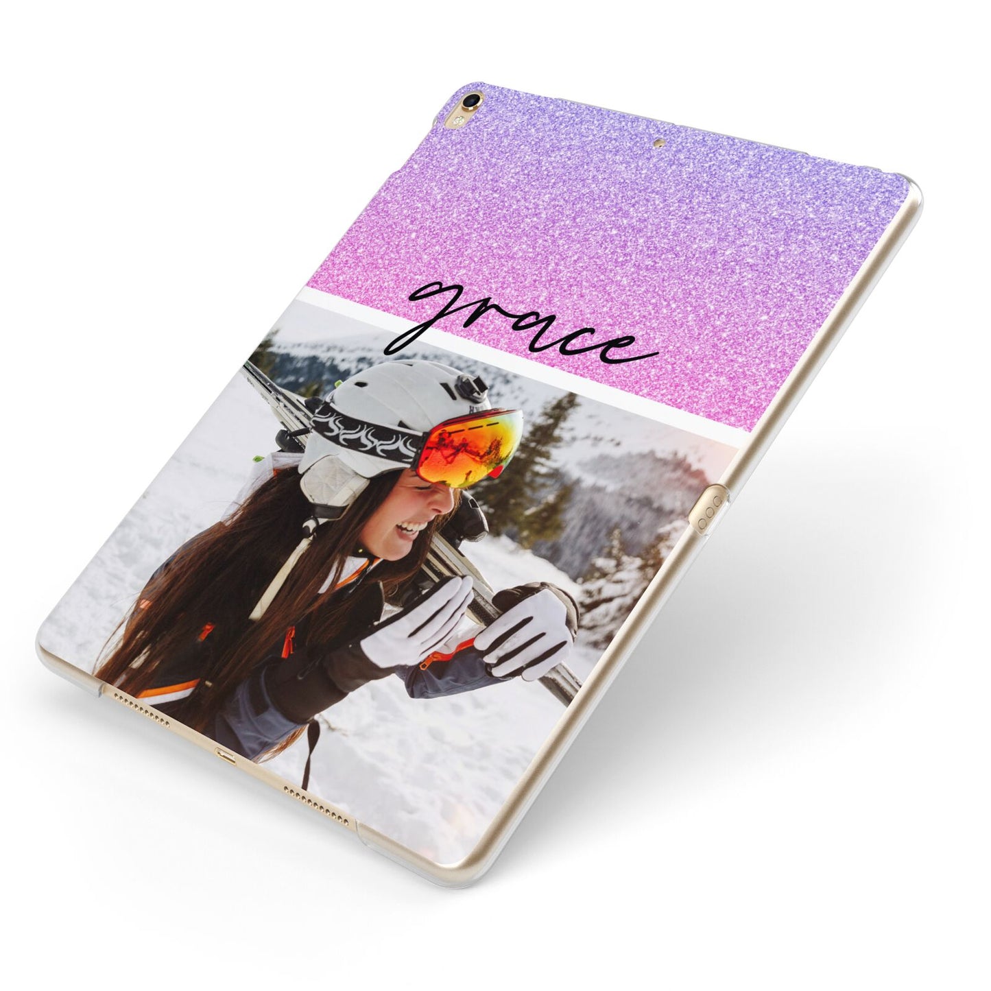 Glitter Personalised Photo Upload Name Apple iPad Case on Gold iPad Side View