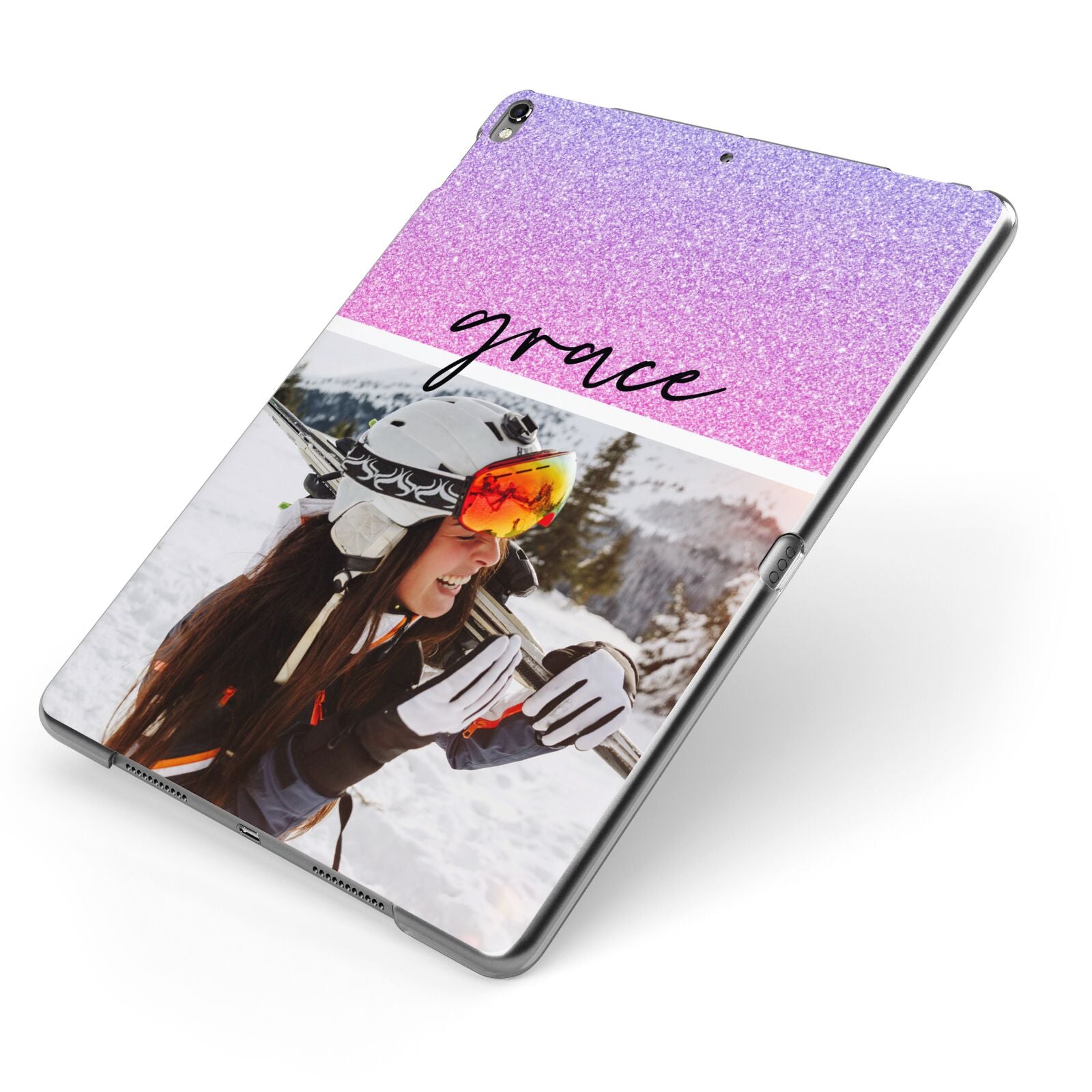 Glitter Personalised Photo Upload Name Apple iPad Case on Grey iPad Side View