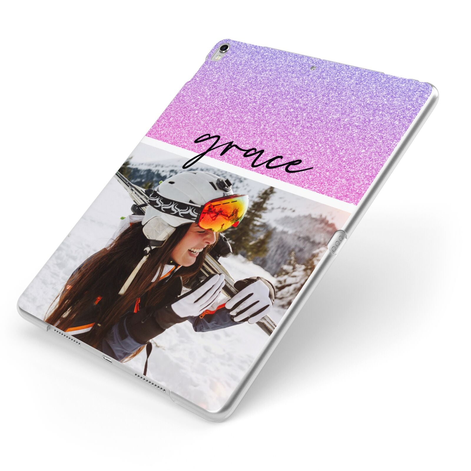 Glitter Personalised Photo Upload Name Apple iPad Case on Silver iPad Side View