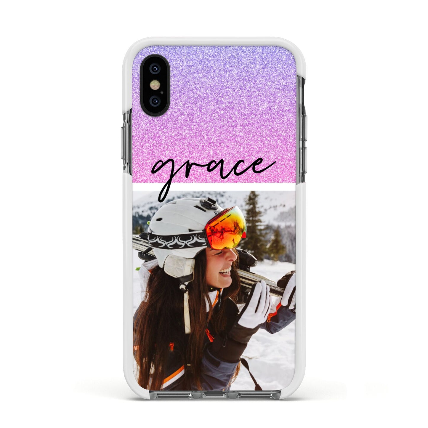 Glitter Personalised Photo Upload Name Apple iPhone Xs Impact Case White Edge on Black Phone