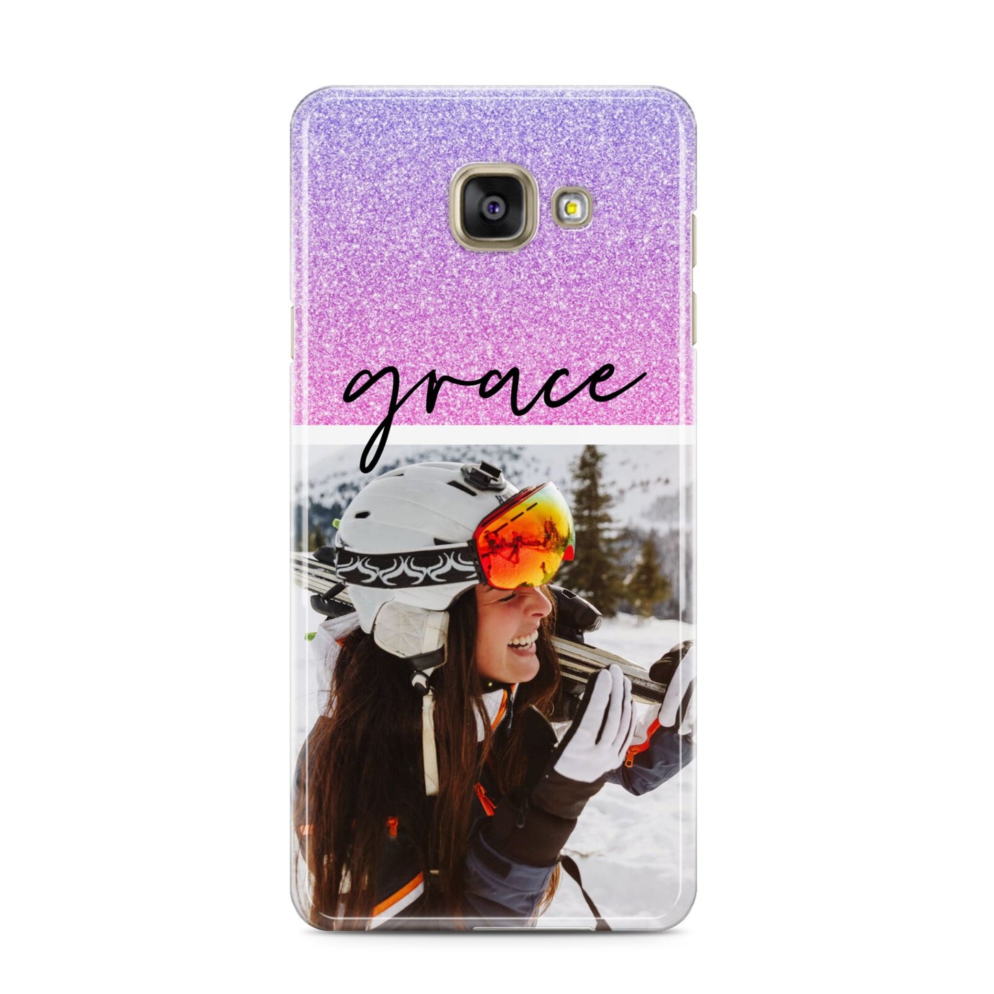 Glitter Personalised Photo Upload Name Samsung Galaxy A3 2016 Case on gold phone