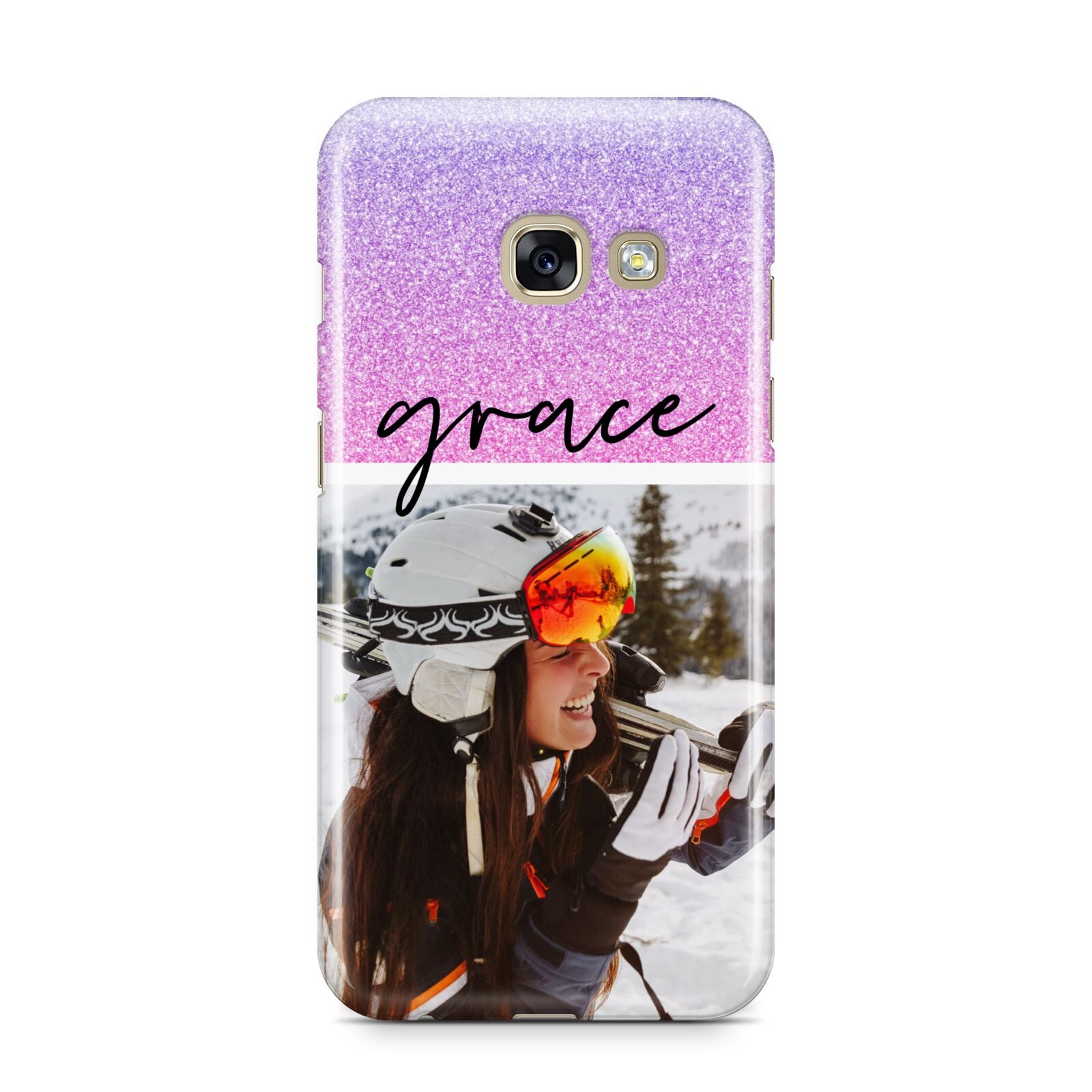 Glitter Personalised Photo Upload Name Samsung Galaxy A3 2017 Case on gold phone