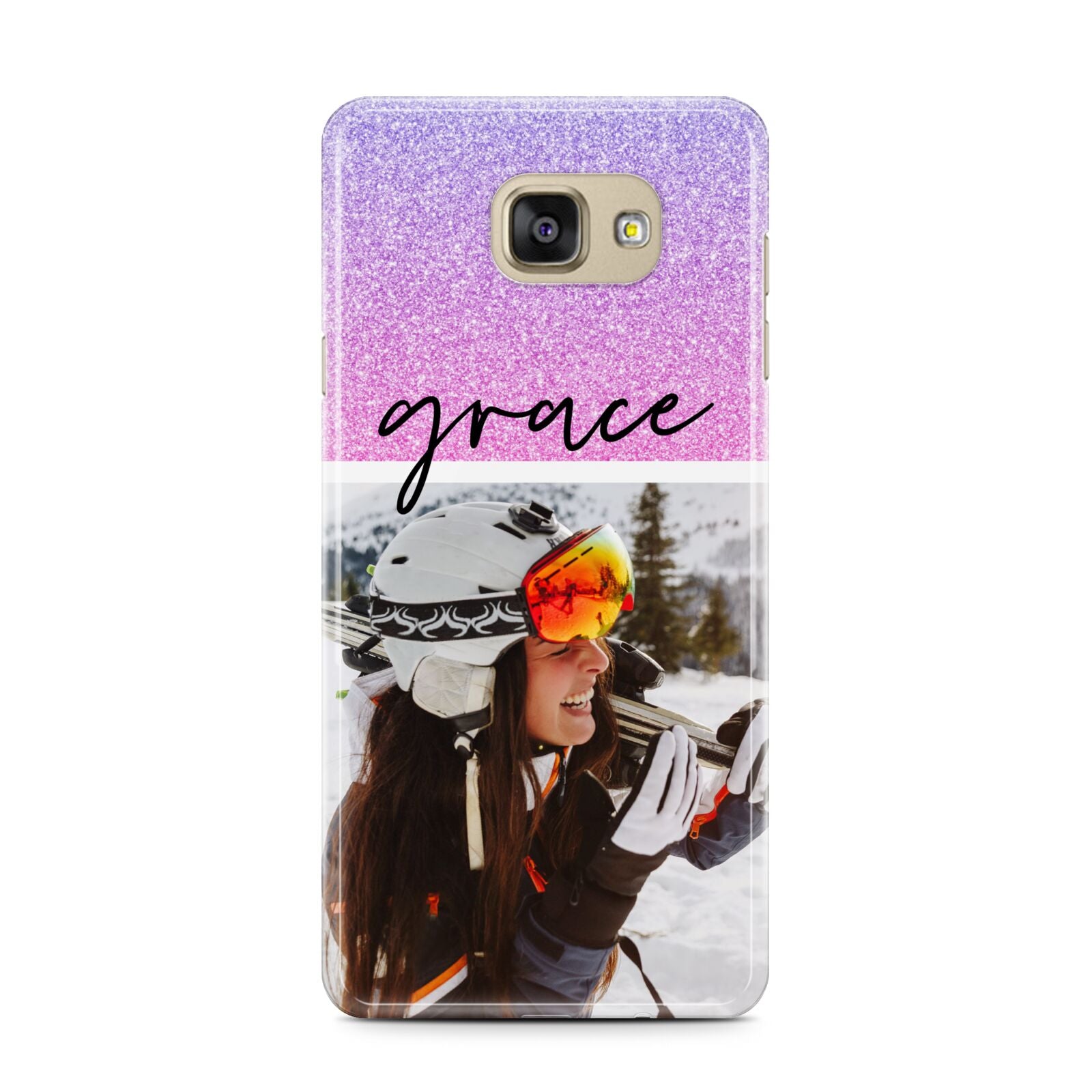 Glitter Personalised Photo Upload Name Samsung Galaxy A7 2016 Case on gold phone