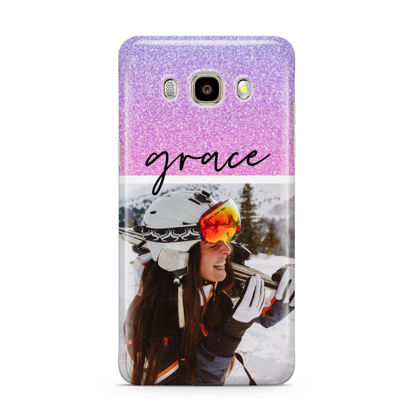 Glitter Personalised Photo Upload Name Samsung Galaxy J7 2016 Case on gold phone