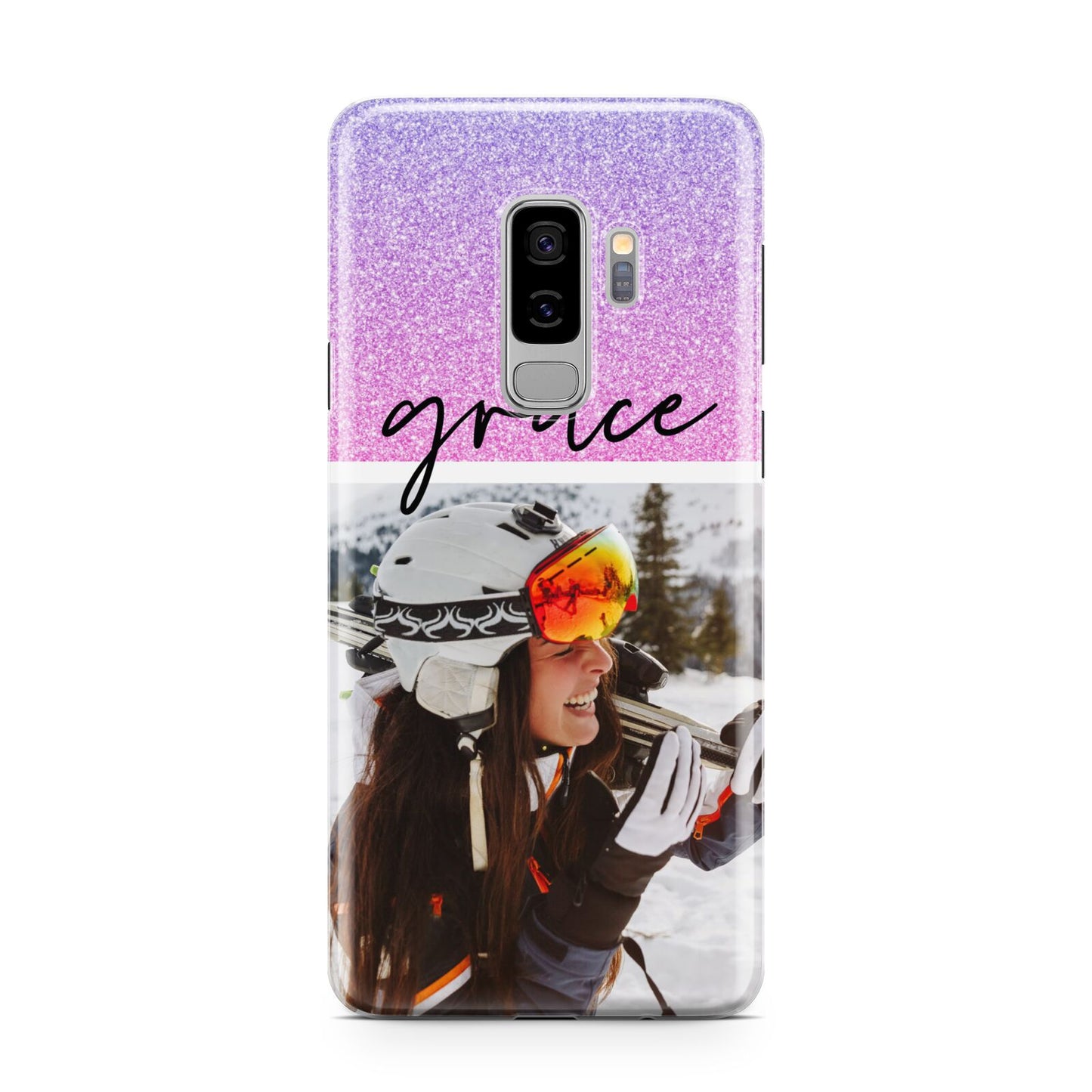 Glitter Personalised Photo Upload Name Samsung Galaxy S9 Plus Case on Silver phone