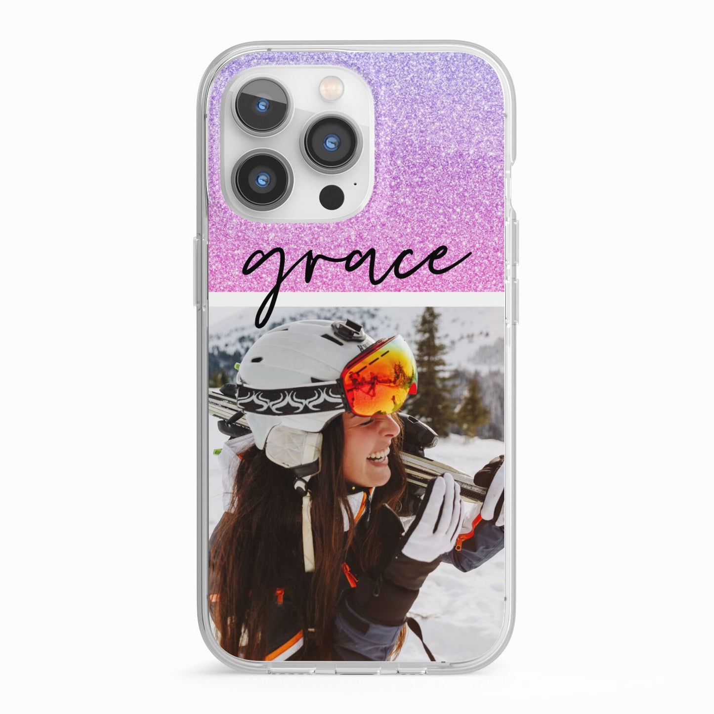 Glitter Personalised Photo Upload Name iPhone 13 Pro TPU Impact Case with White Edges