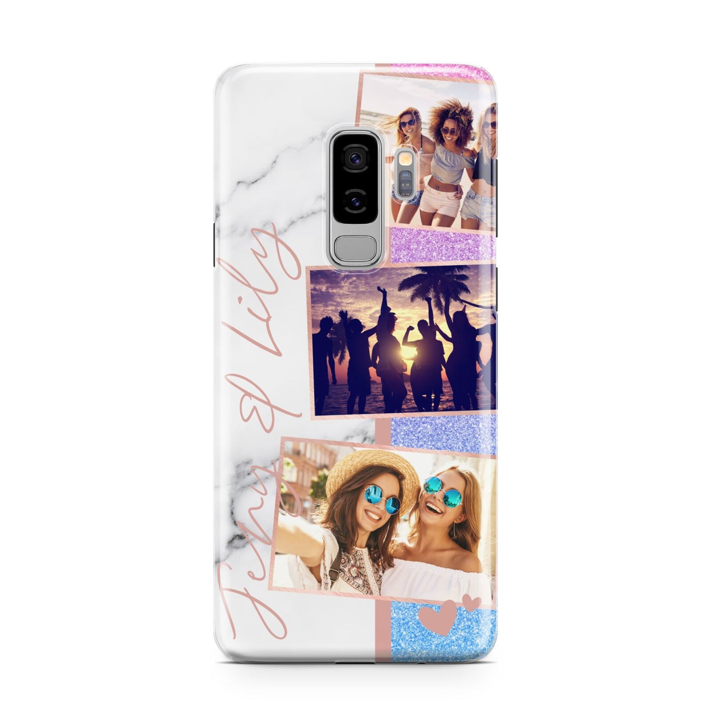 Glitter and Marble Photo Upload with Text Samsung Galaxy S9 Plus Case on Silver phone