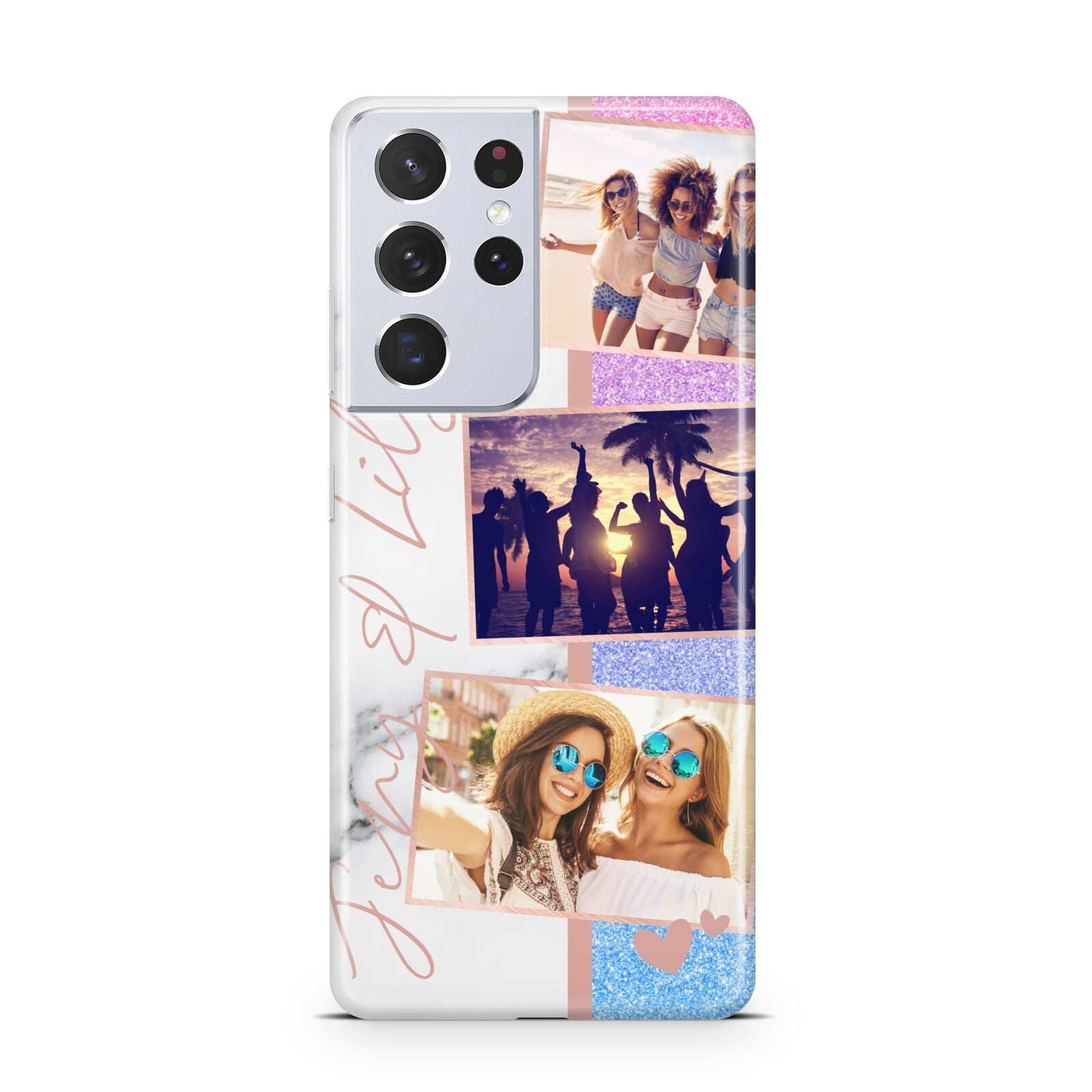 Glitter and Marble Photo Upload with Text Samsung S21 Ultra Case