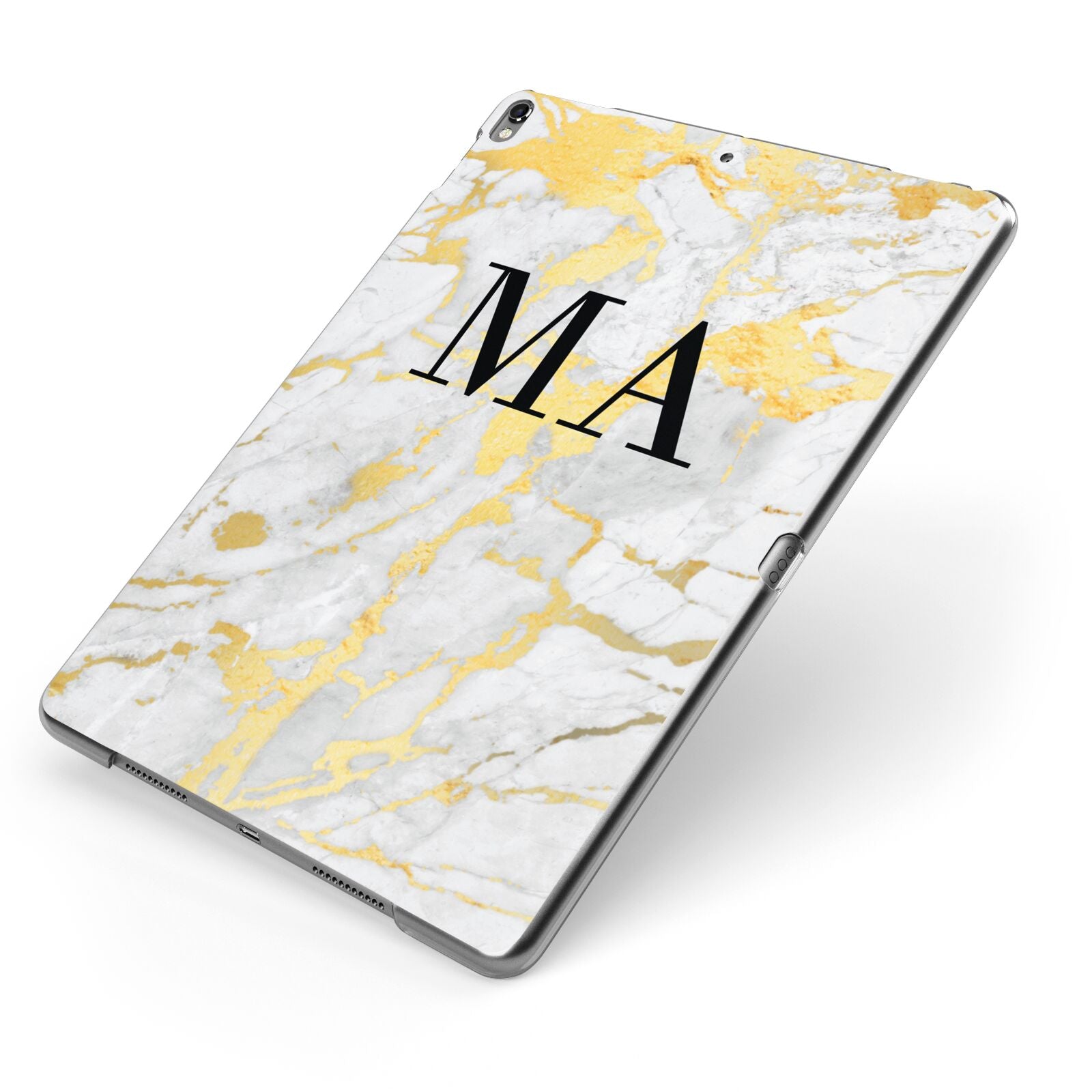 Gold Marble Custom Initials Apple iPad Case on Grey iPad Side View