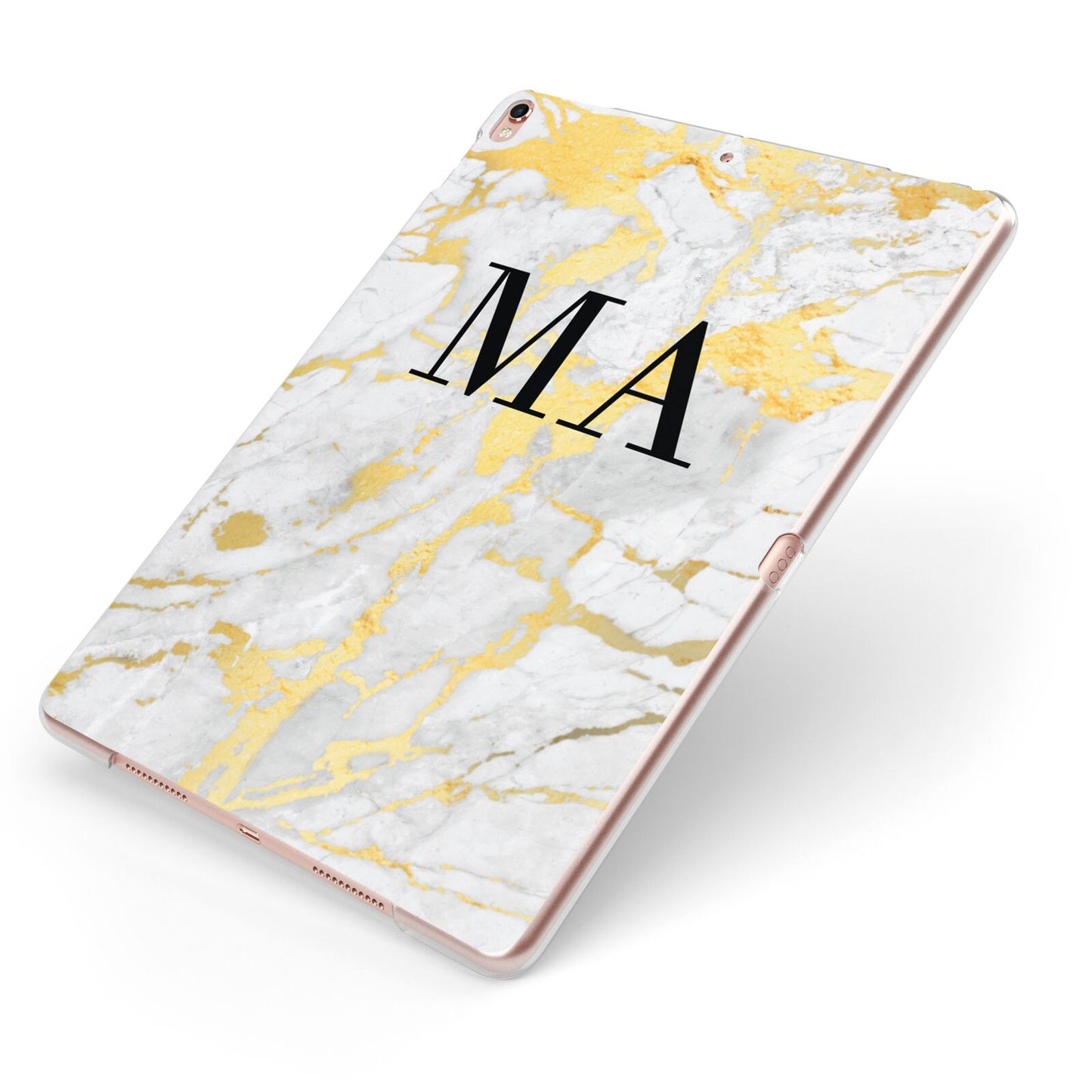 Gold Marble Custom Initials Apple iPad Case on Rose Gold iPad Side View