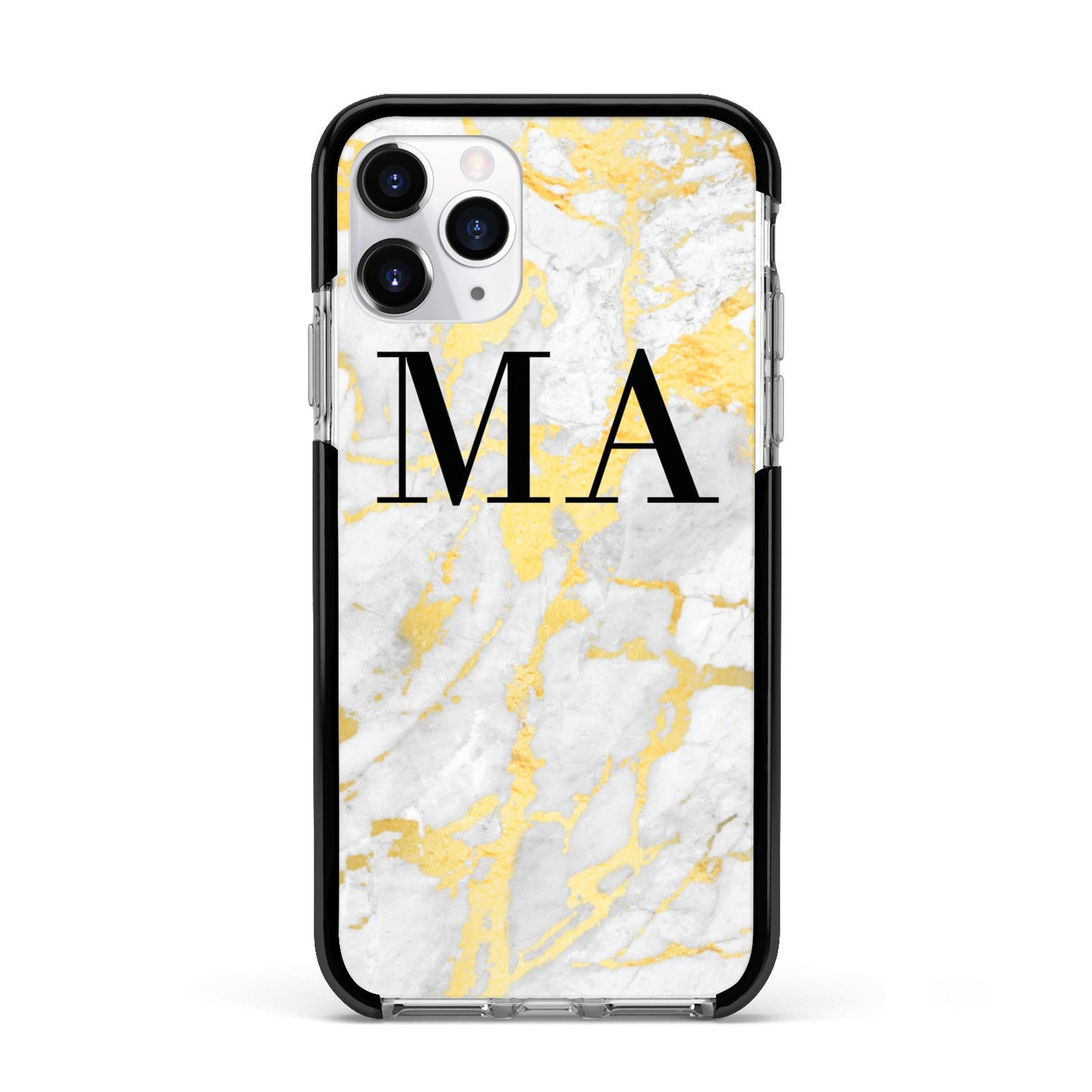 Gold Marble Custom Initials Apple iPhone 11 Pro in Silver with Black Impact Case