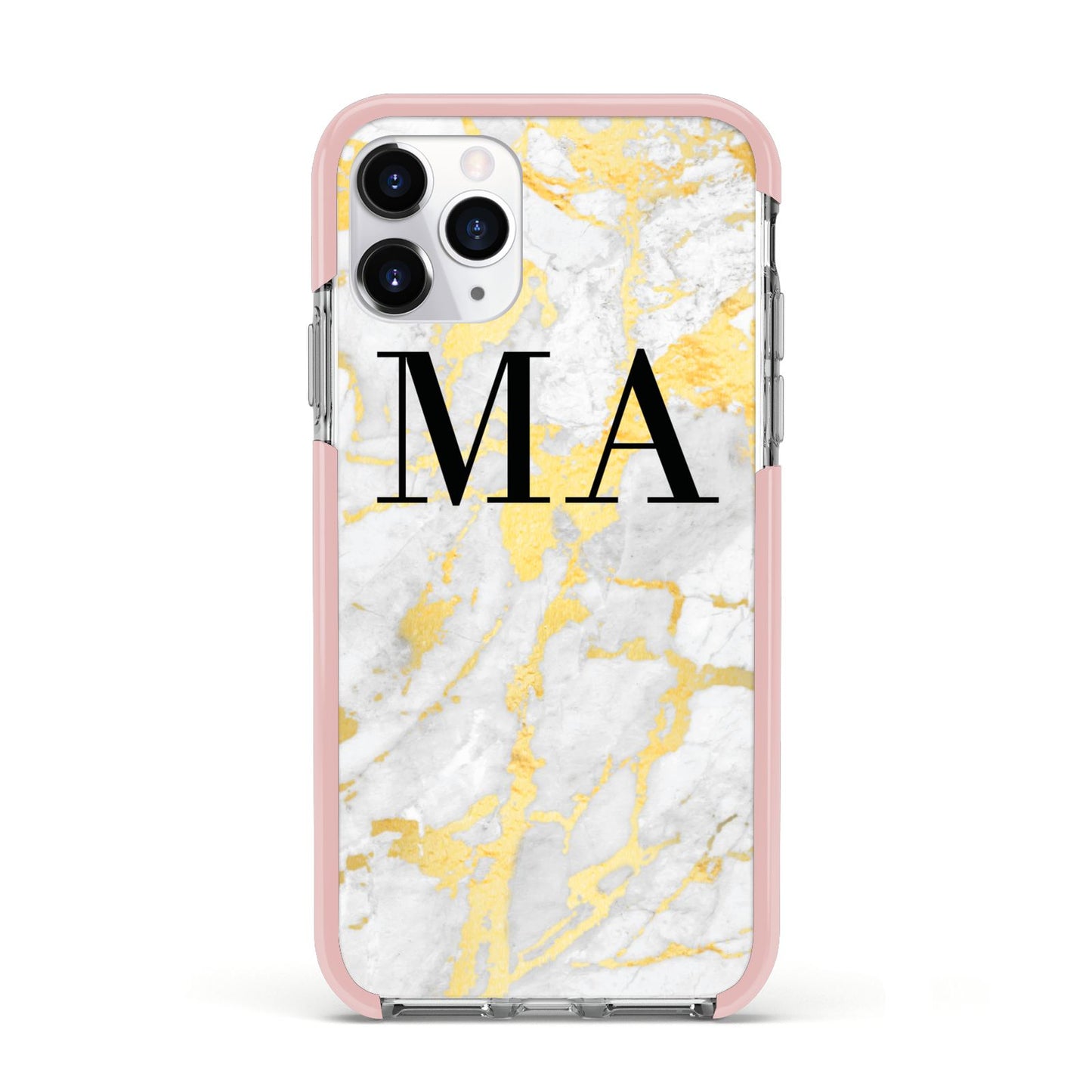 Gold Marble Custom Initials Apple iPhone 11 Pro in Silver with Pink Impact Case