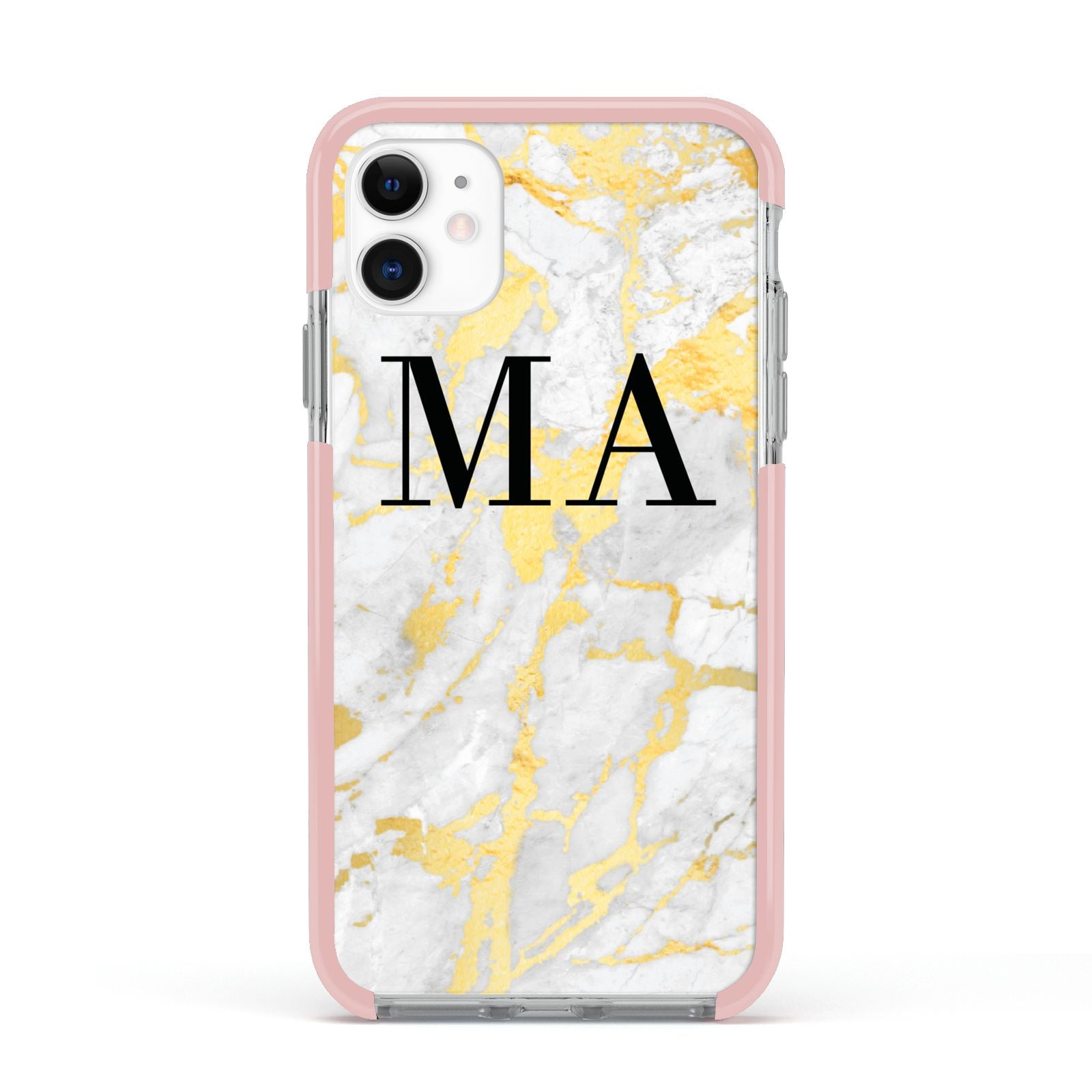 Gold Marble Custom Initials Apple iPhone 11 in White with Pink Impact Case