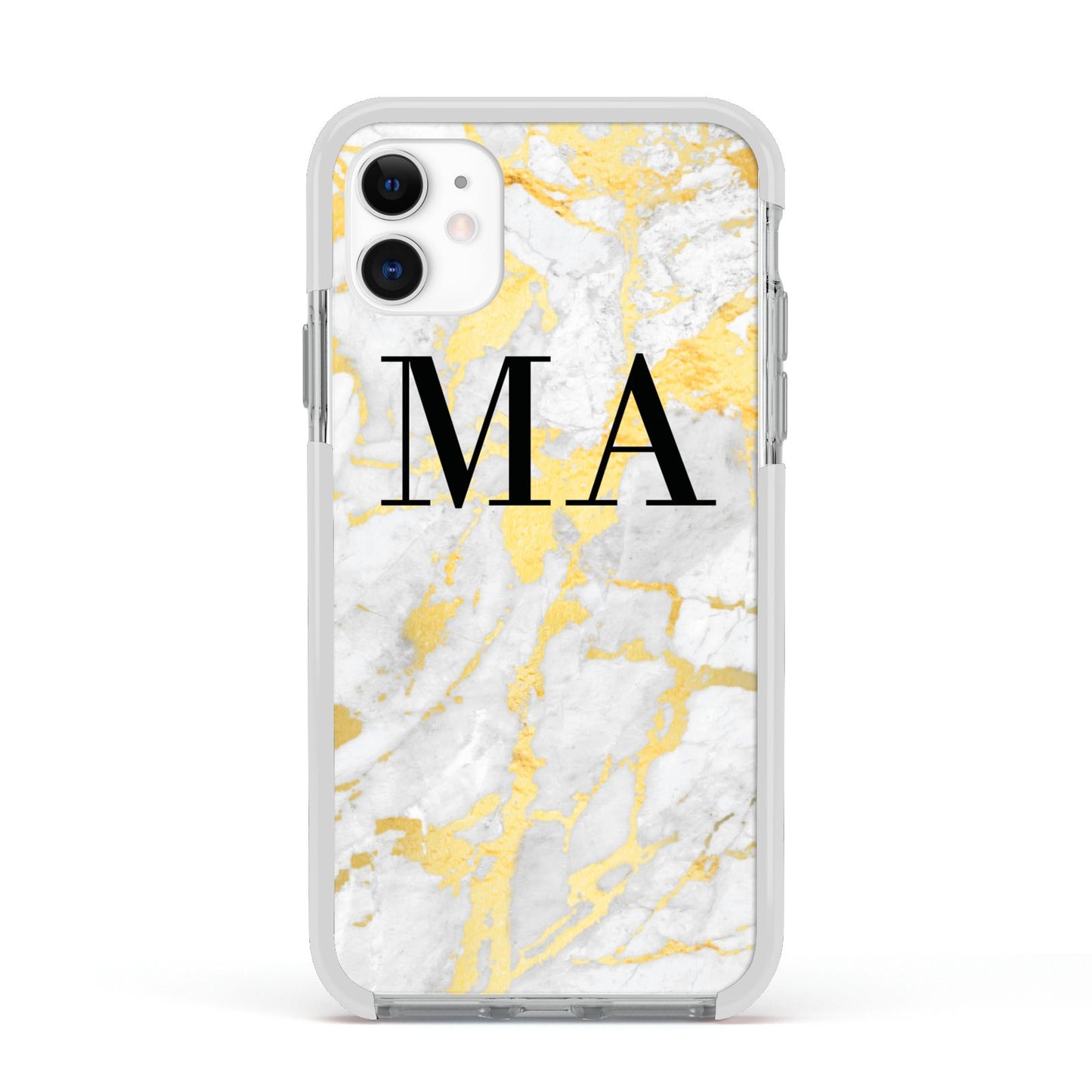 Gold Marble Custom Initials Apple iPhone 11 in White with White Impact Case