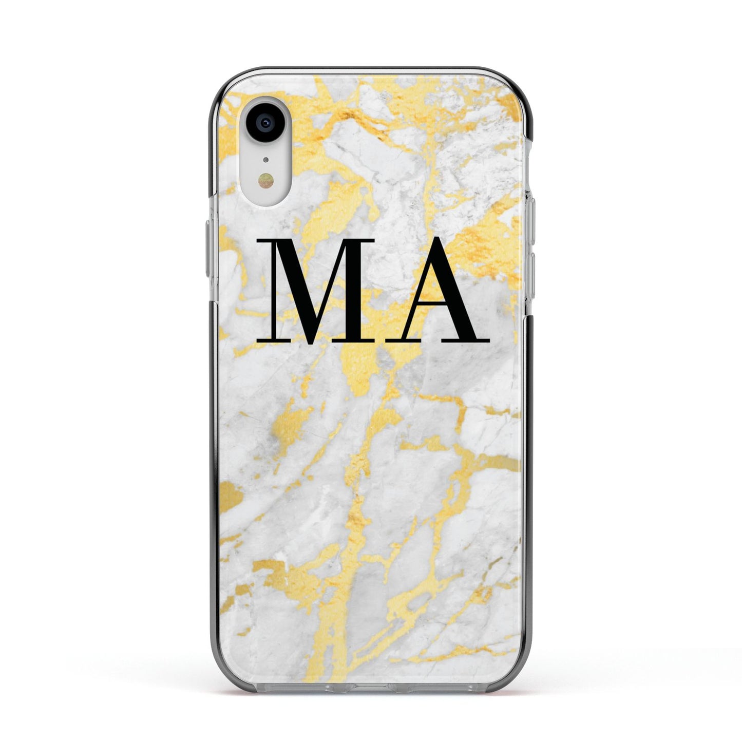 Gold Marble Custom Initials Apple iPhone XR Impact Case Black Edge on Silver Phone