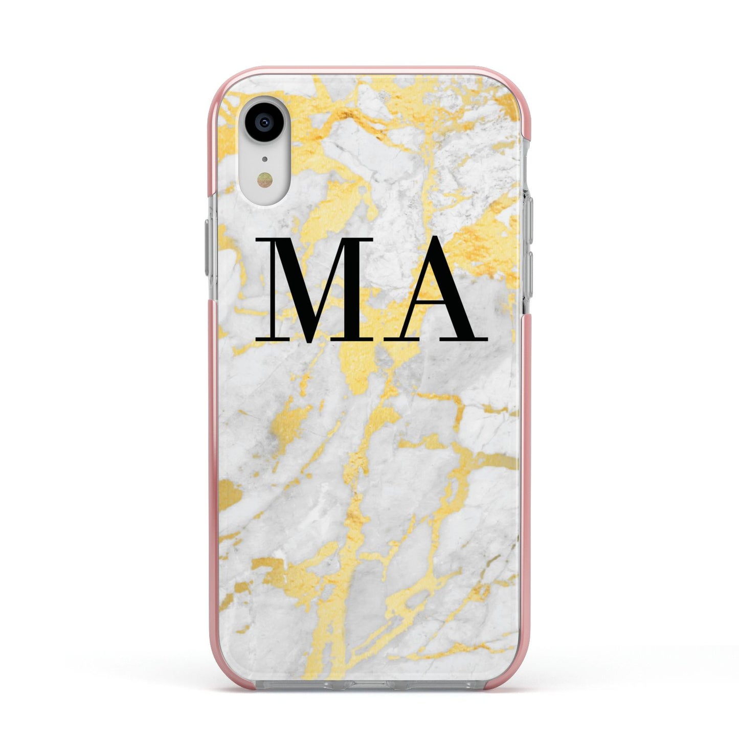 Gold Marble Custom Initials Apple iPhone XR Impact Case Pink Edge on Silver Phone