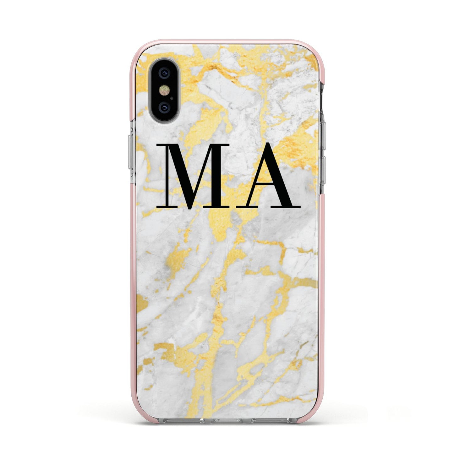 Gold Marble Custom Initials Apple iPhone Xs Impact Case Pink Edge on Silver Phone