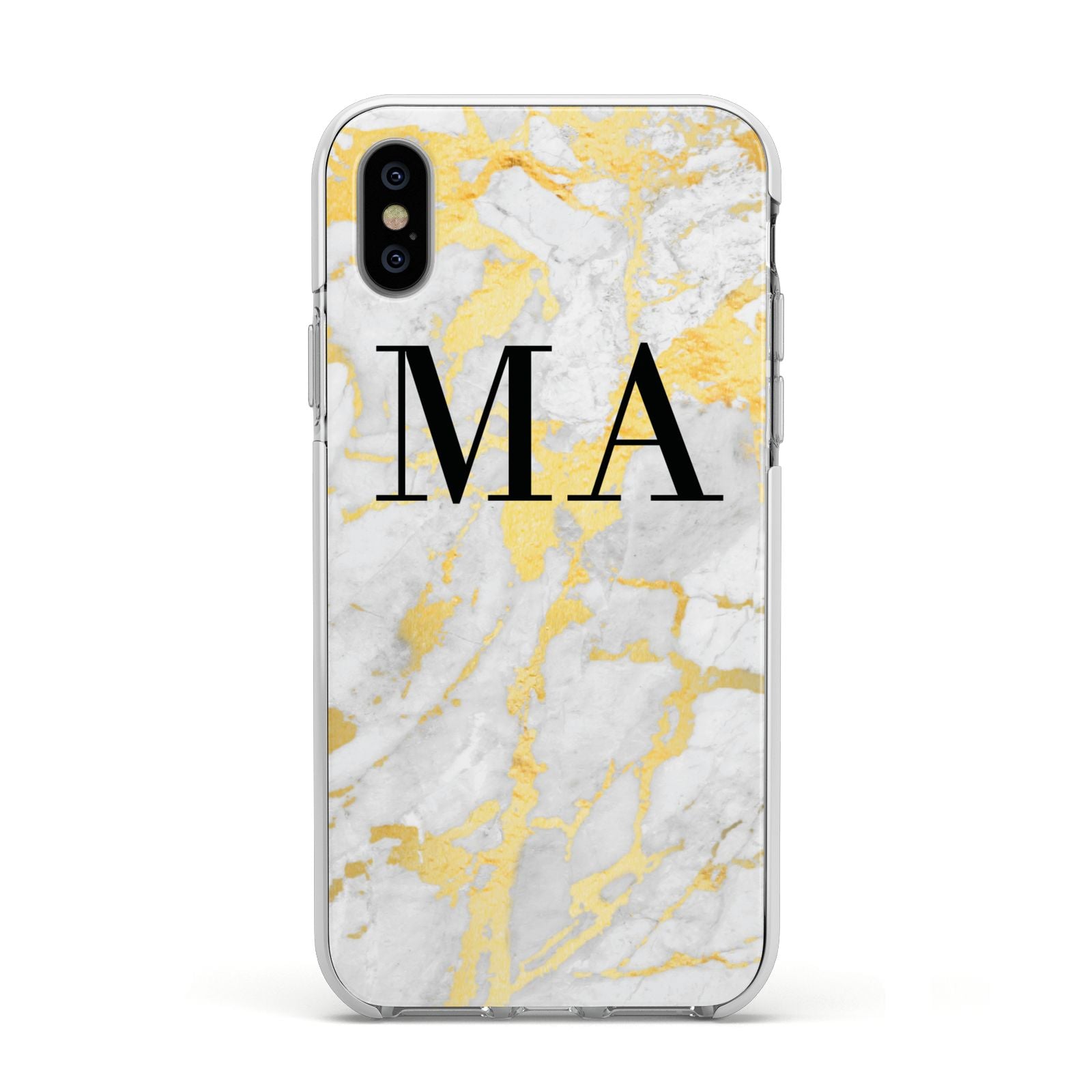 Gold Marble Custom Initials Apple iPhone Xs Impact Case White Edge on Silver Phone