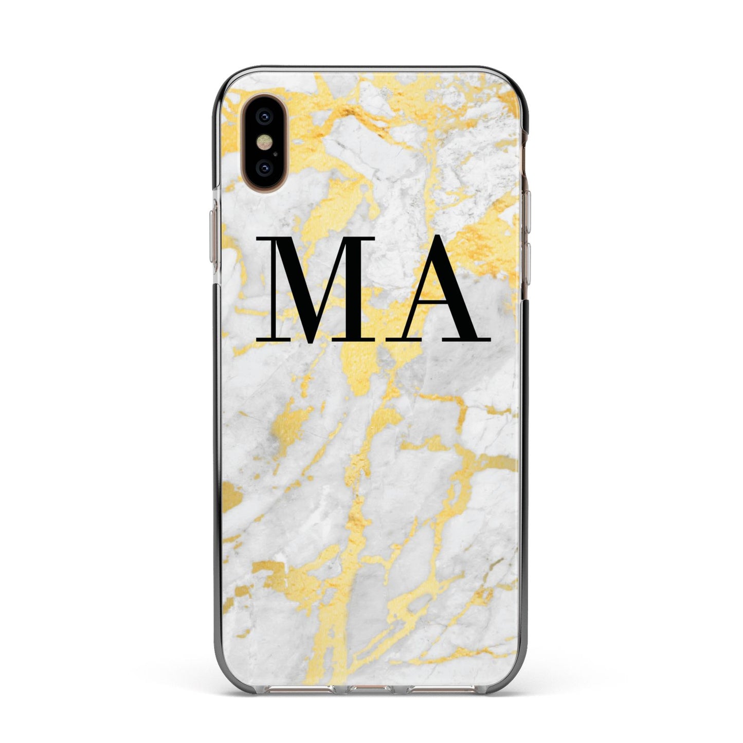 Gold Marble Custom Initials Apple iPhone Xs Max Impact Case Black Edge on Gold Phone