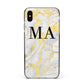 Gold Marble Custom Initials Apple iPhone Xs Max Impact Case Black Edge on Silver Phone